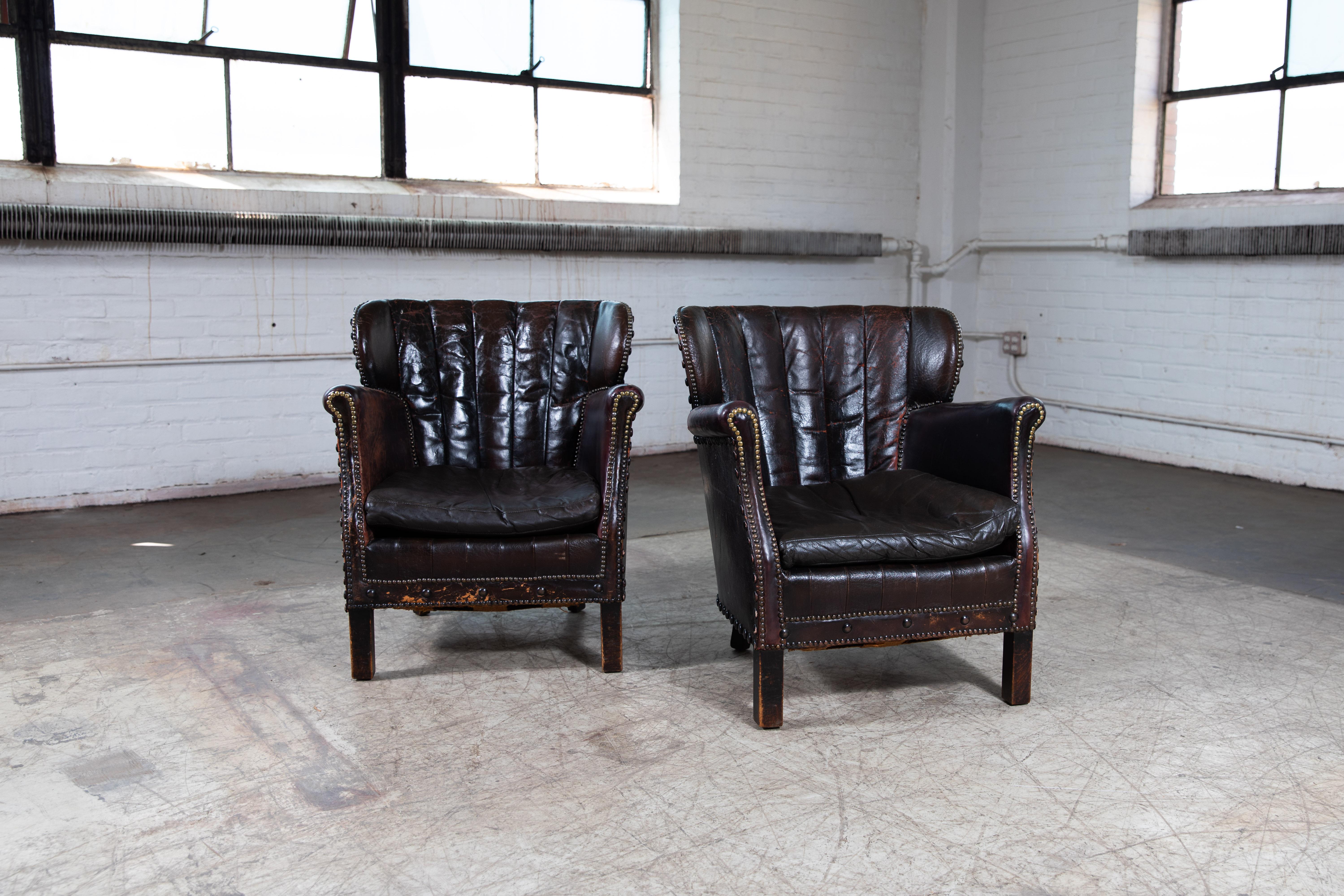 Mid-20th Century Pair of 1930's Classic Danish Club Chairs in Black Patinated Leather