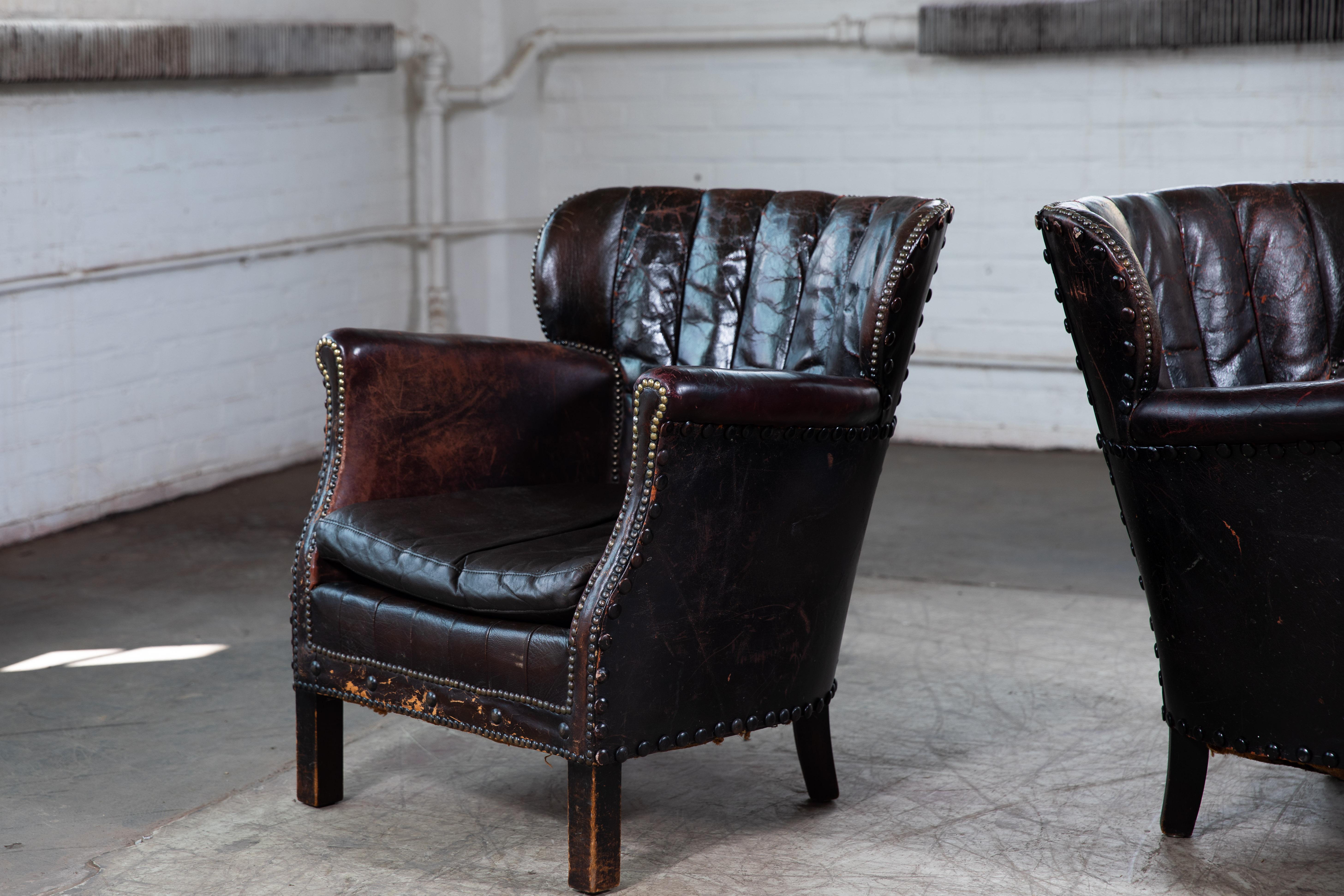 Beech Pair of 1930's Classic Danish Club Chairs in Black Patinated Leather