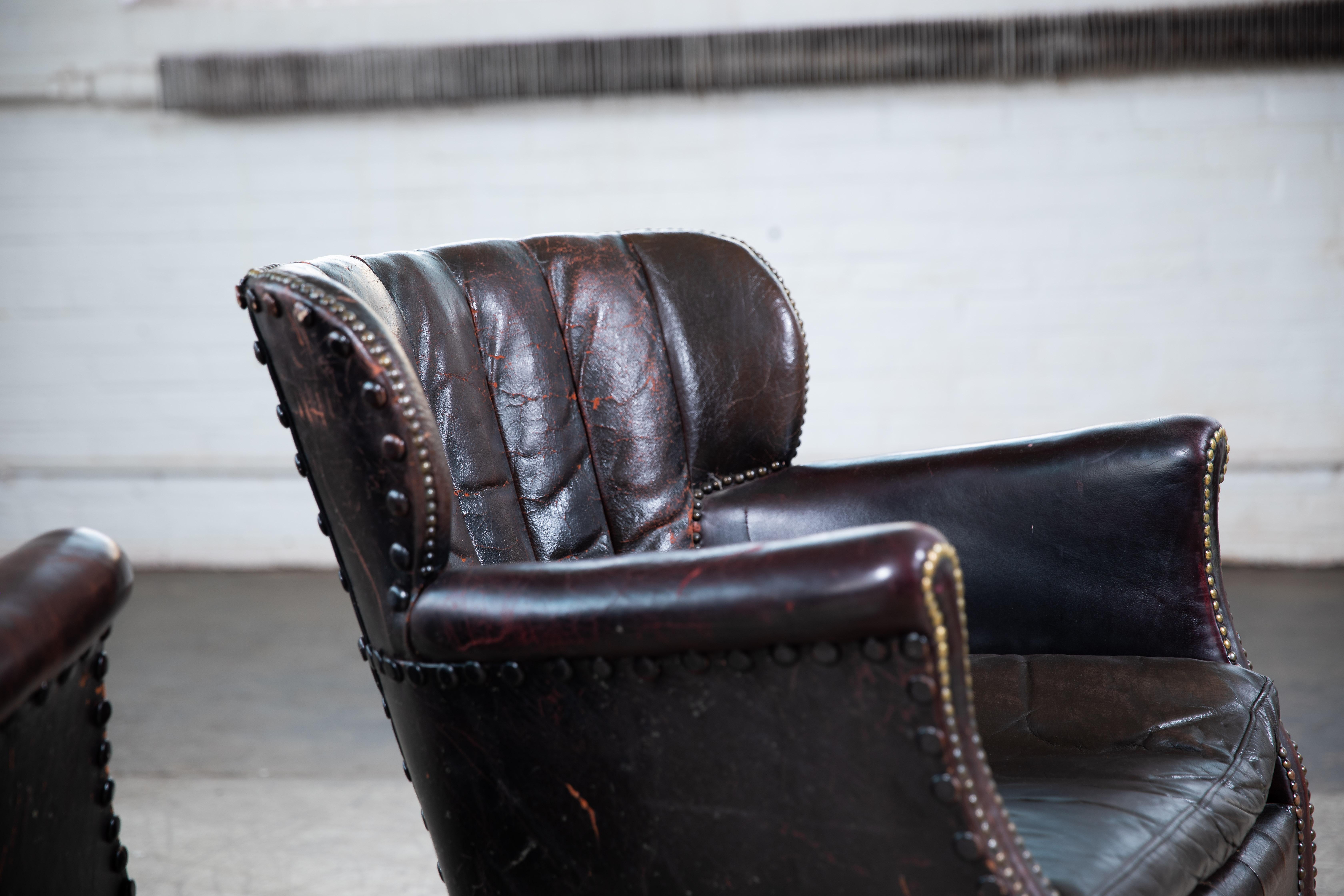 Pair of 1930's Classic Danish Club Chairs in Black Patinated Leather 1