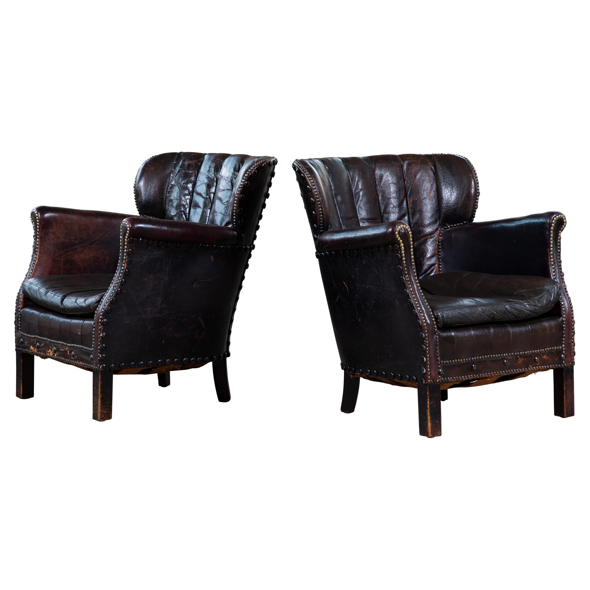 Pair of 1930's Classic Danish Club Chairs in Black Patinated Leather
