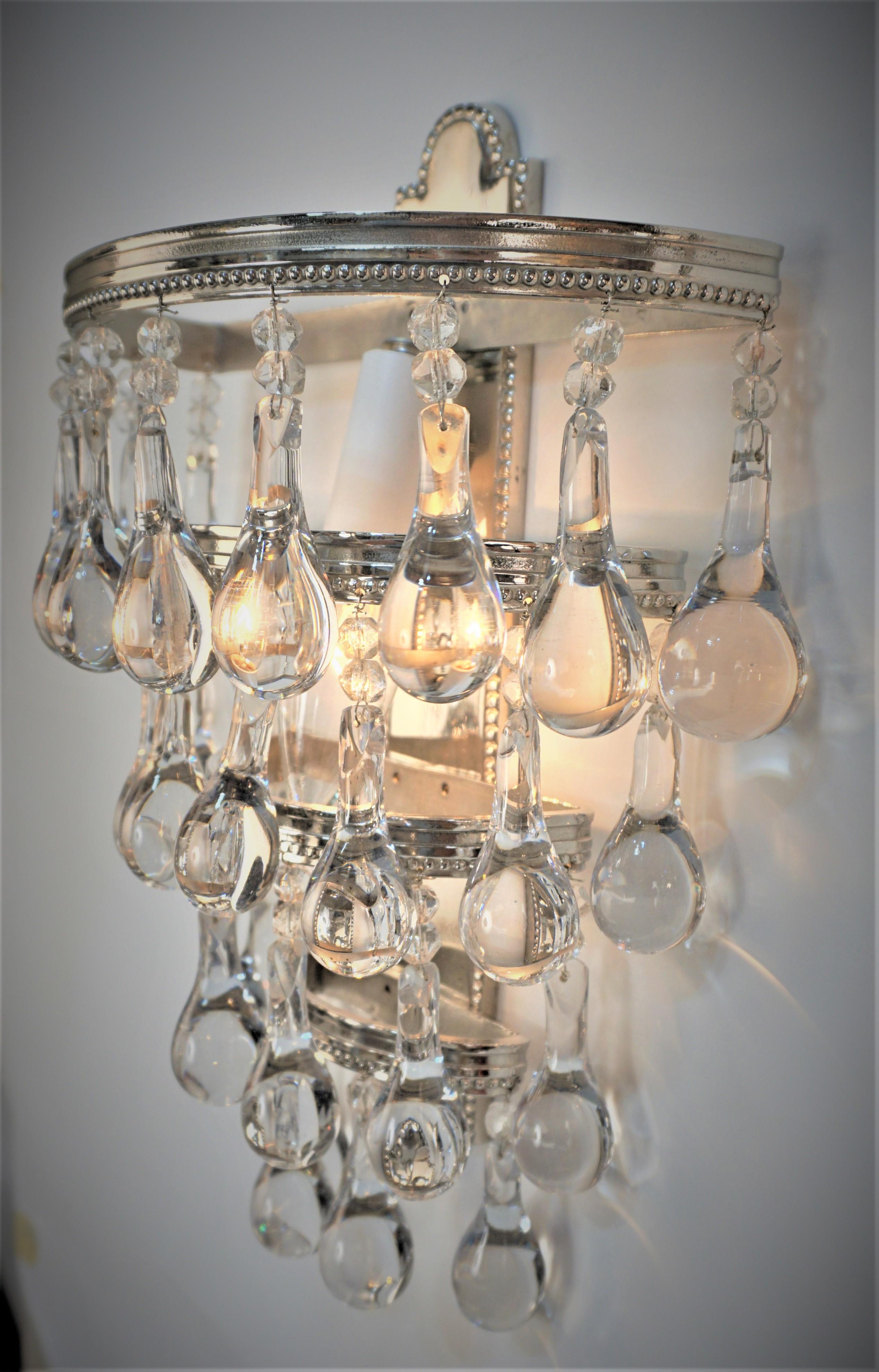 Art Deco Pair of 1930's Crystal and Nickel Wall Sconces. For Sale