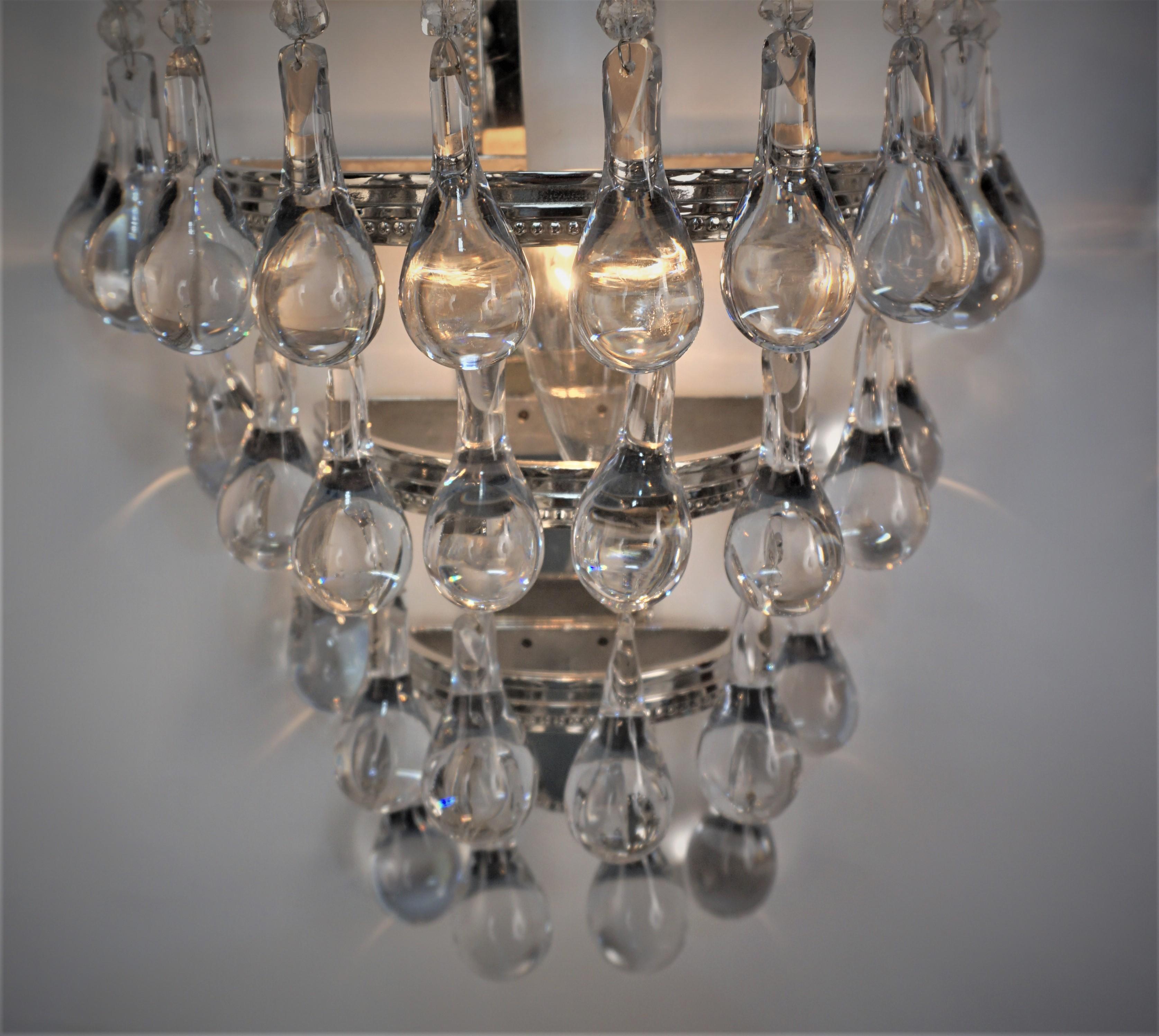 French Pair of 1930's Crystal and Nickel Wall Sconces. For Sale