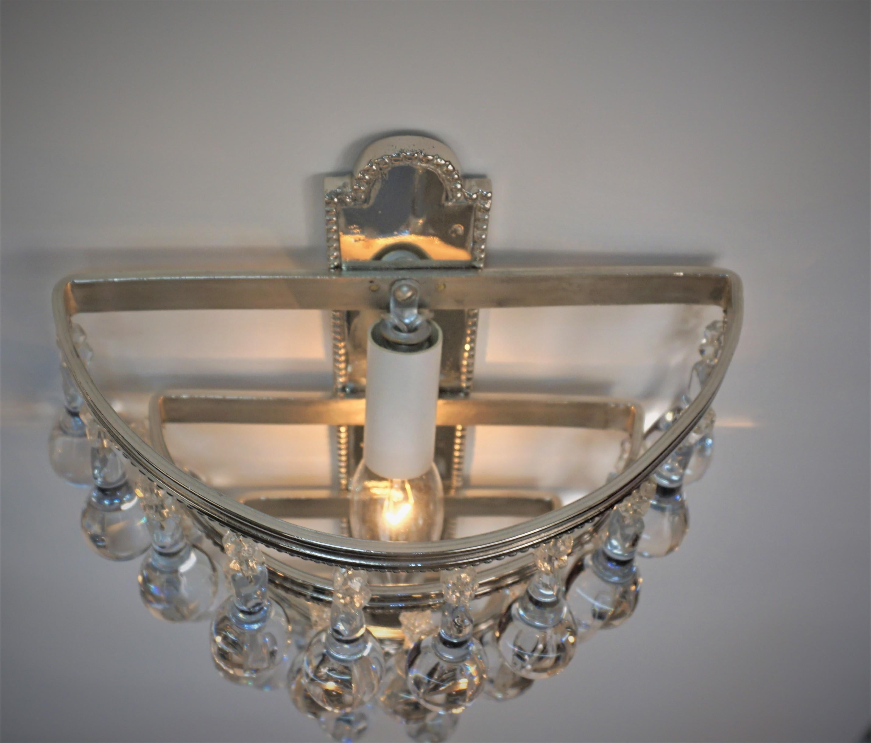 Pair of 1930's Crystal and Nickel Wall Sconces. In Good Condition For Sale In Fairfax, VA