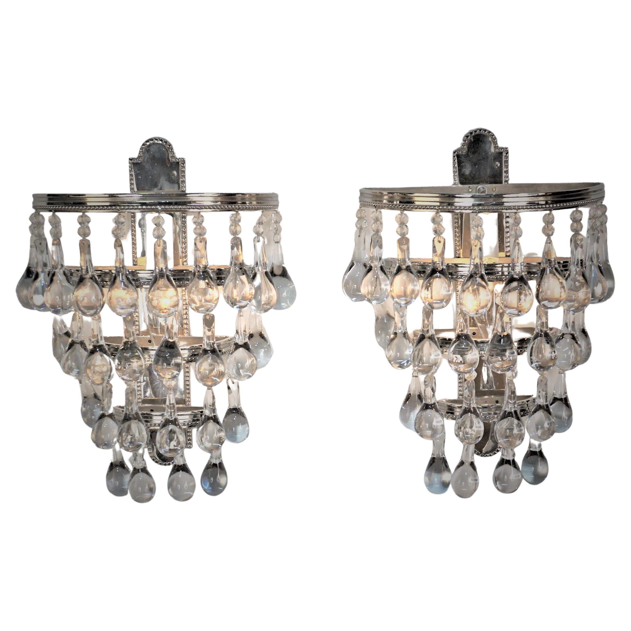 Pair of 1930's Crystal and Nickel Wall Sconces. For Sale