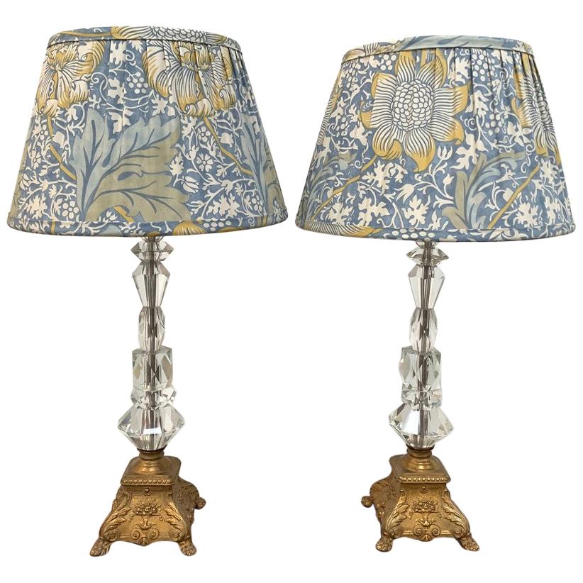 Pair of 1930s Crystal Table Lamps with Brass Bases and William Morris Lampshade