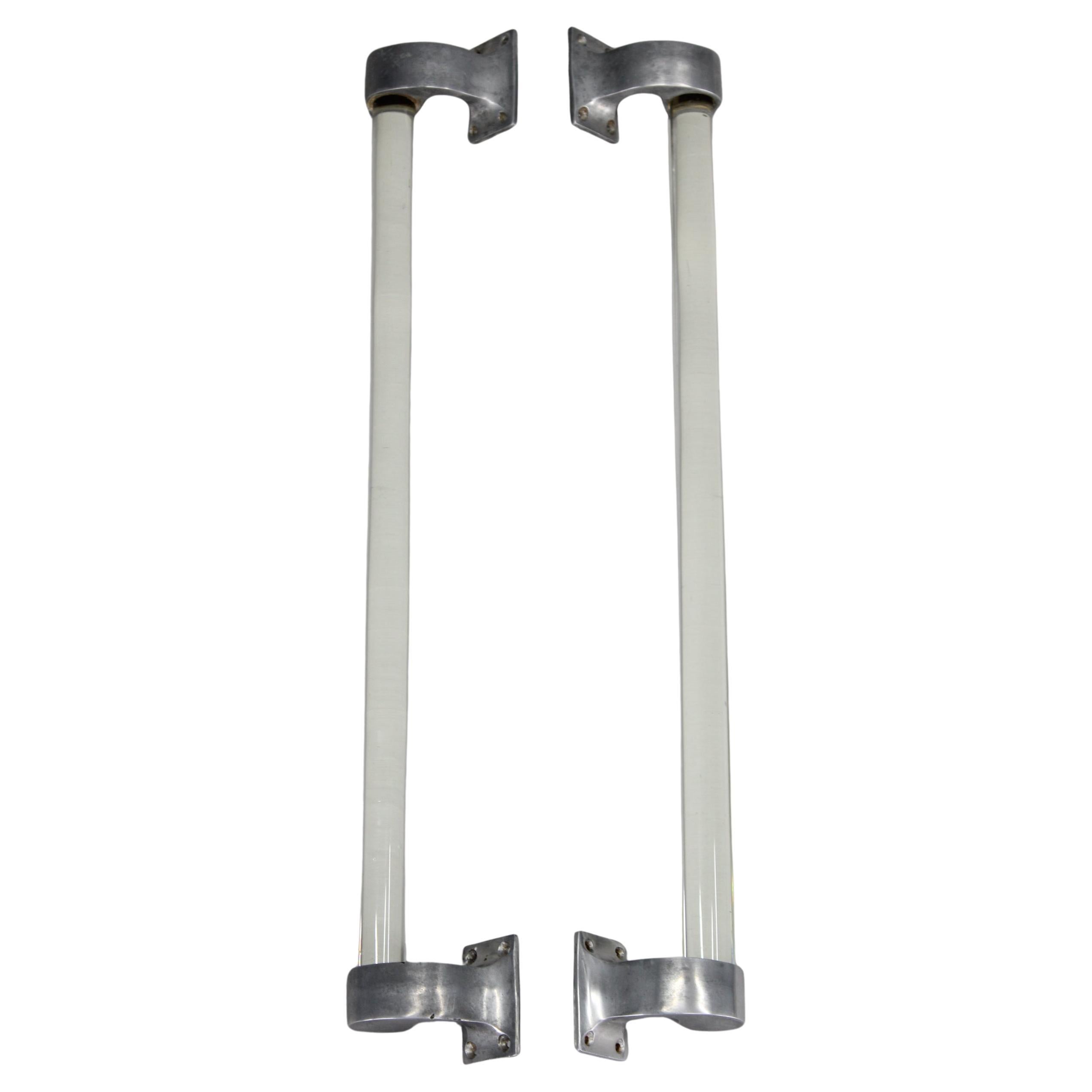 Pair of 1930s Czechoslovak Art Deco Clear Glass Handles with Metal Mounts