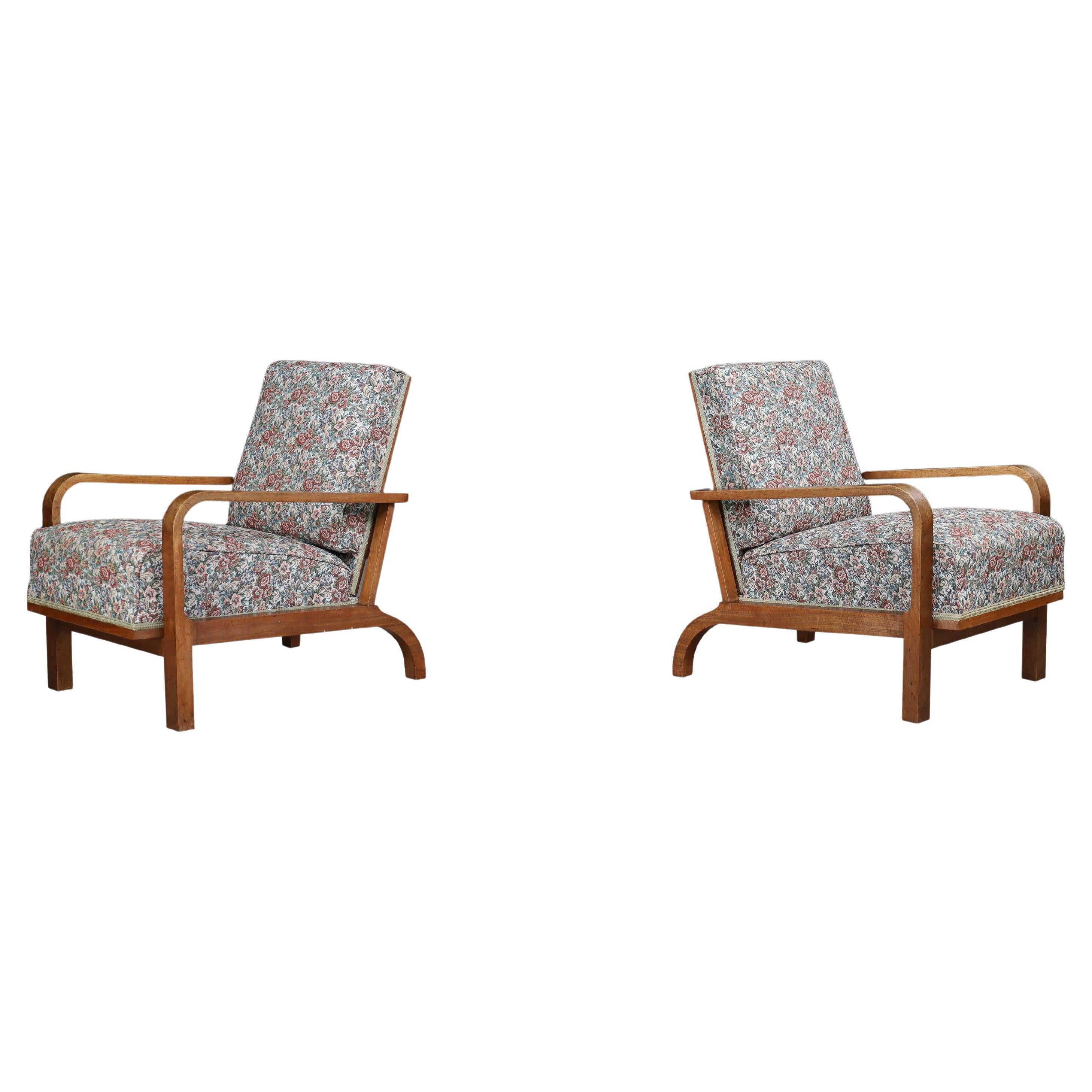 Pair of 1930s Czechoslovak Reclining Armchairs in Original Floral Upholstery