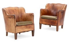 Pair of 1930s Danish Armchairs in Walnut, Patinated Leather and Green Velour