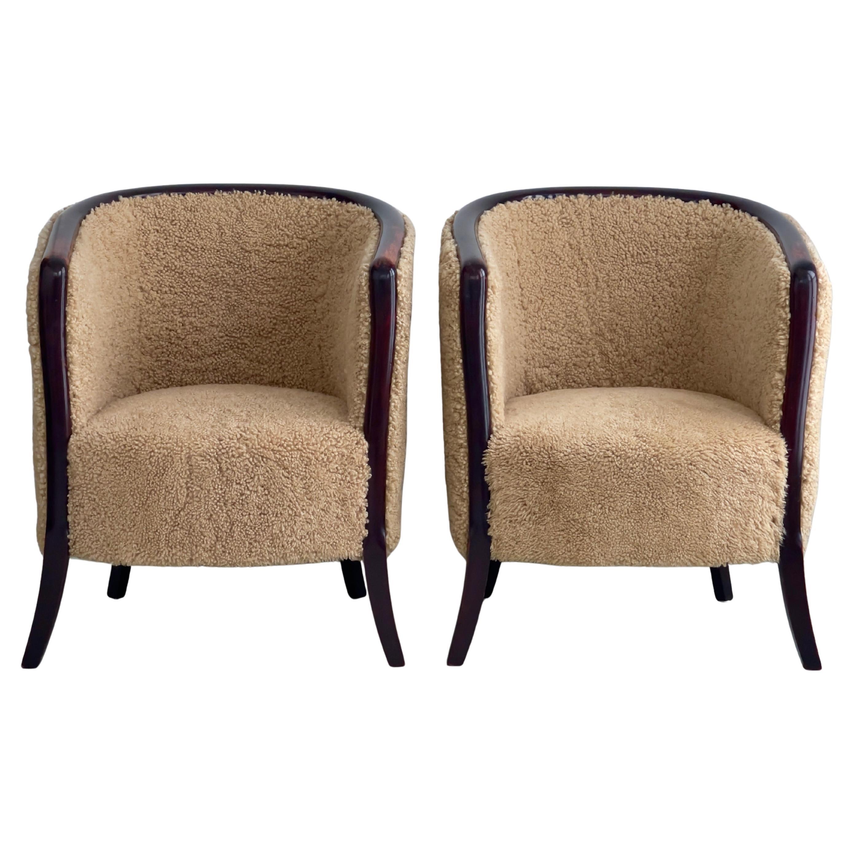 Pair of 1930s danish art deco armchairs reupholstred in premium brown sheepskin.
