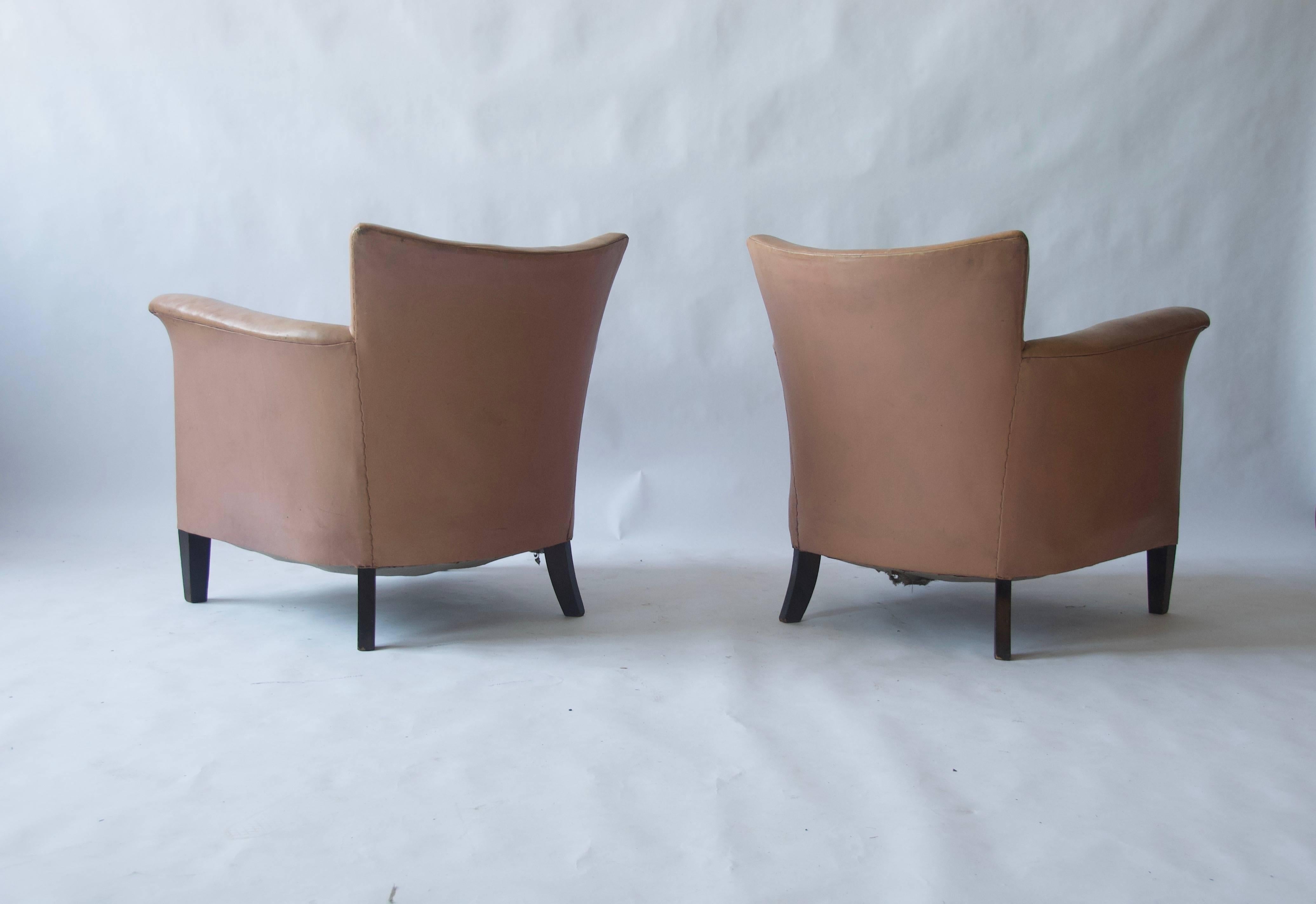 Pair of 1930s Danish Leather Club Chairs In Fair Condition For Sale In Turners Falls, MA