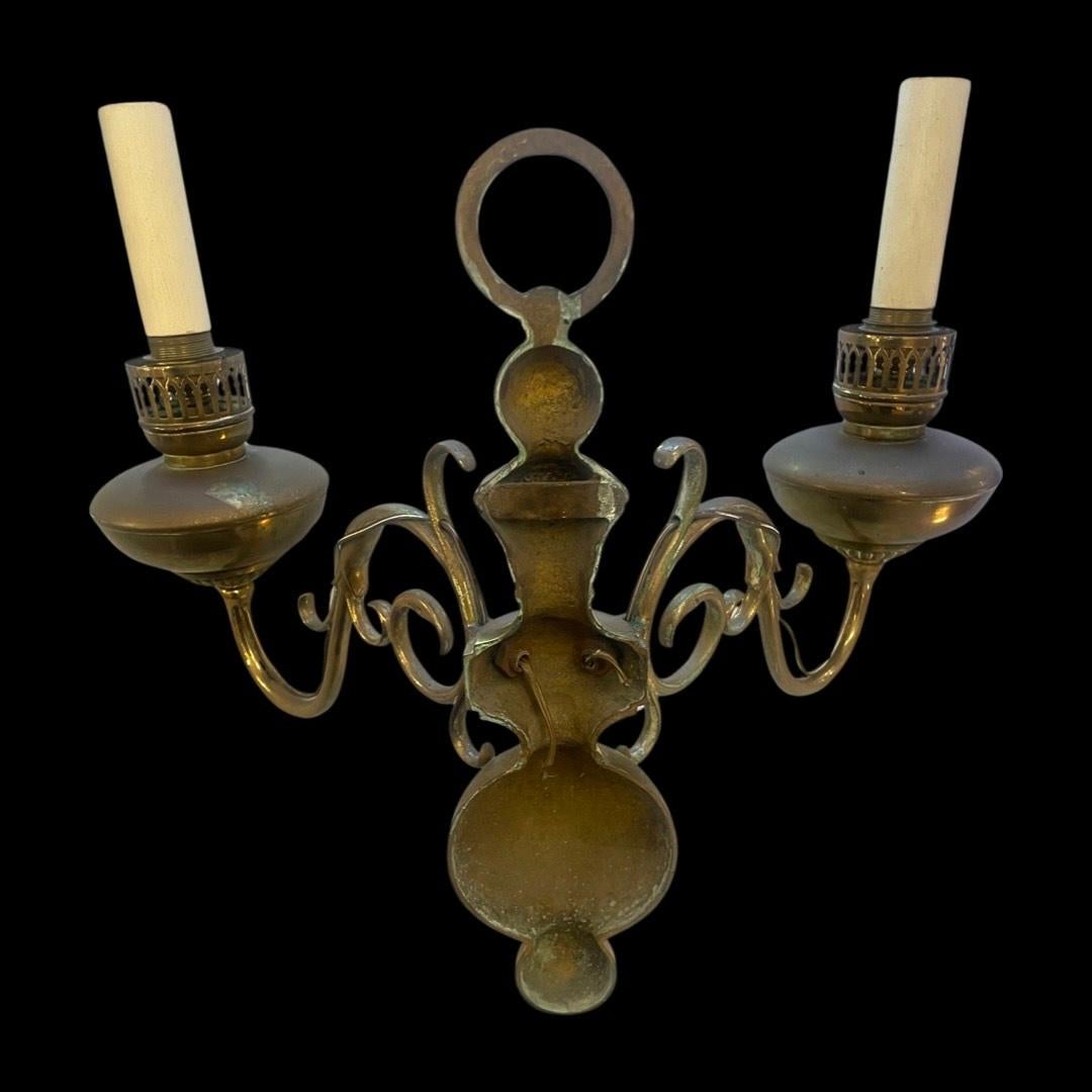 Pair of 1930's Dutch Flemish Brass Wall Sconces For Sale 4