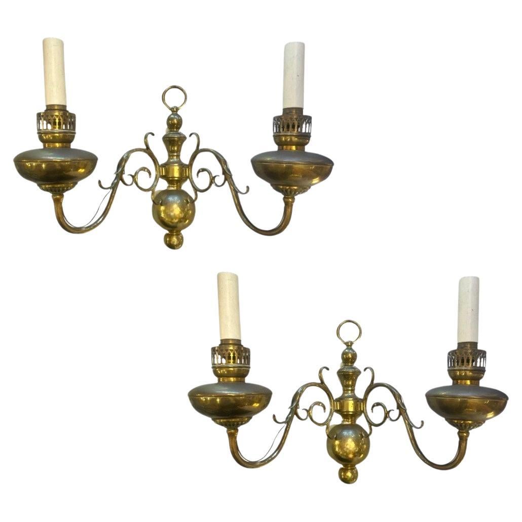 Pair of 1930's Dutch Flemish Brass Wall Sconces For Sale