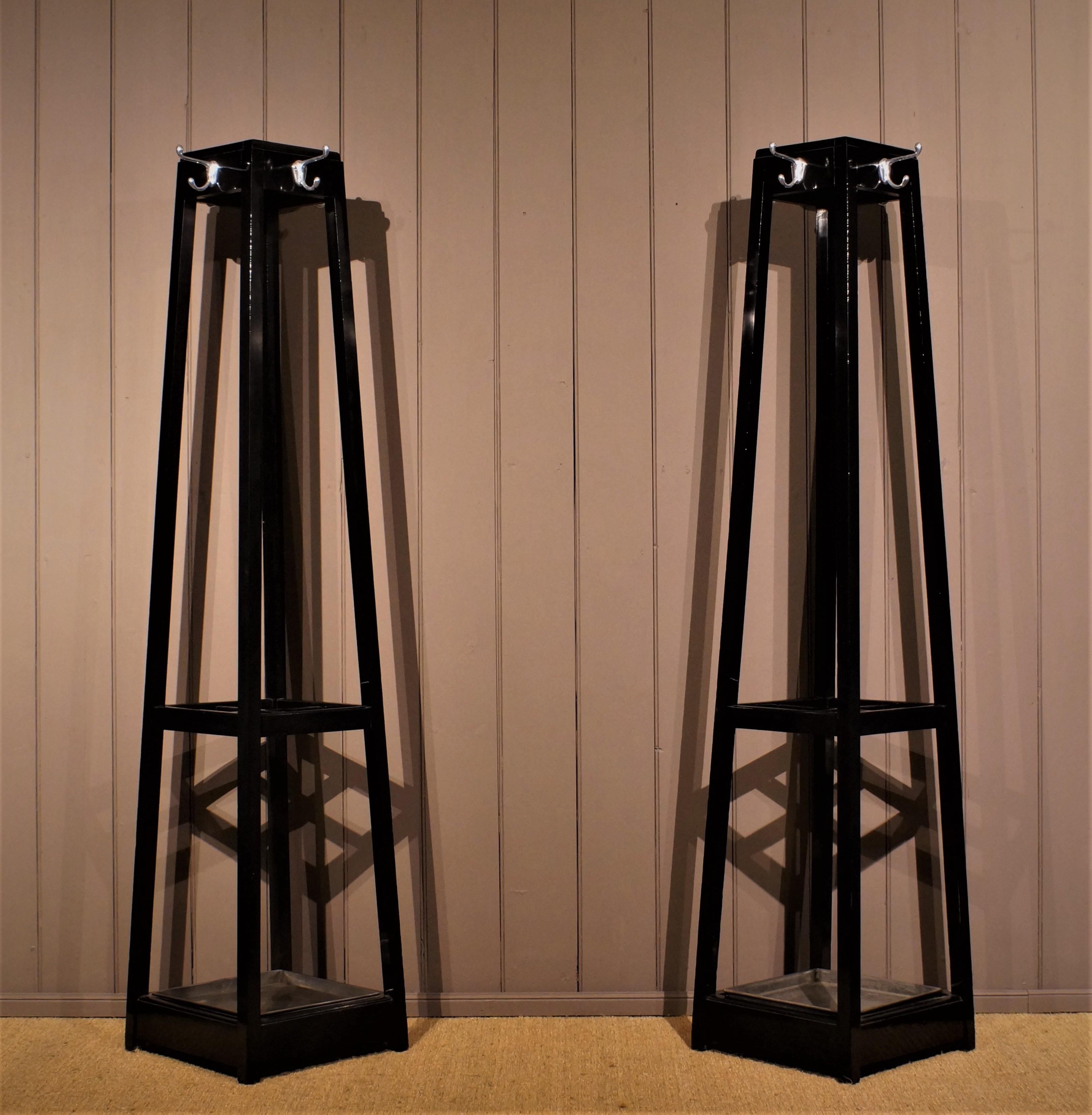 Art Deco Pair of 1930s Ebonised Hat, Coat and Umbrella Stands, Black and Chrome