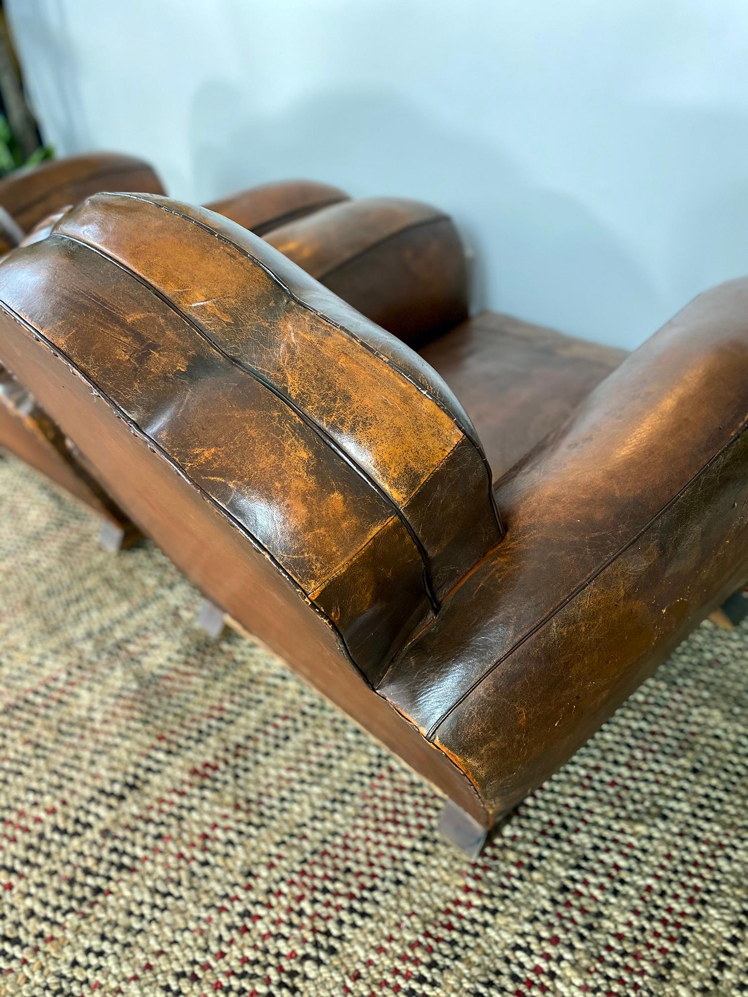 Leather Pair of 1930s French Art Deco Club Chairs Camel Back