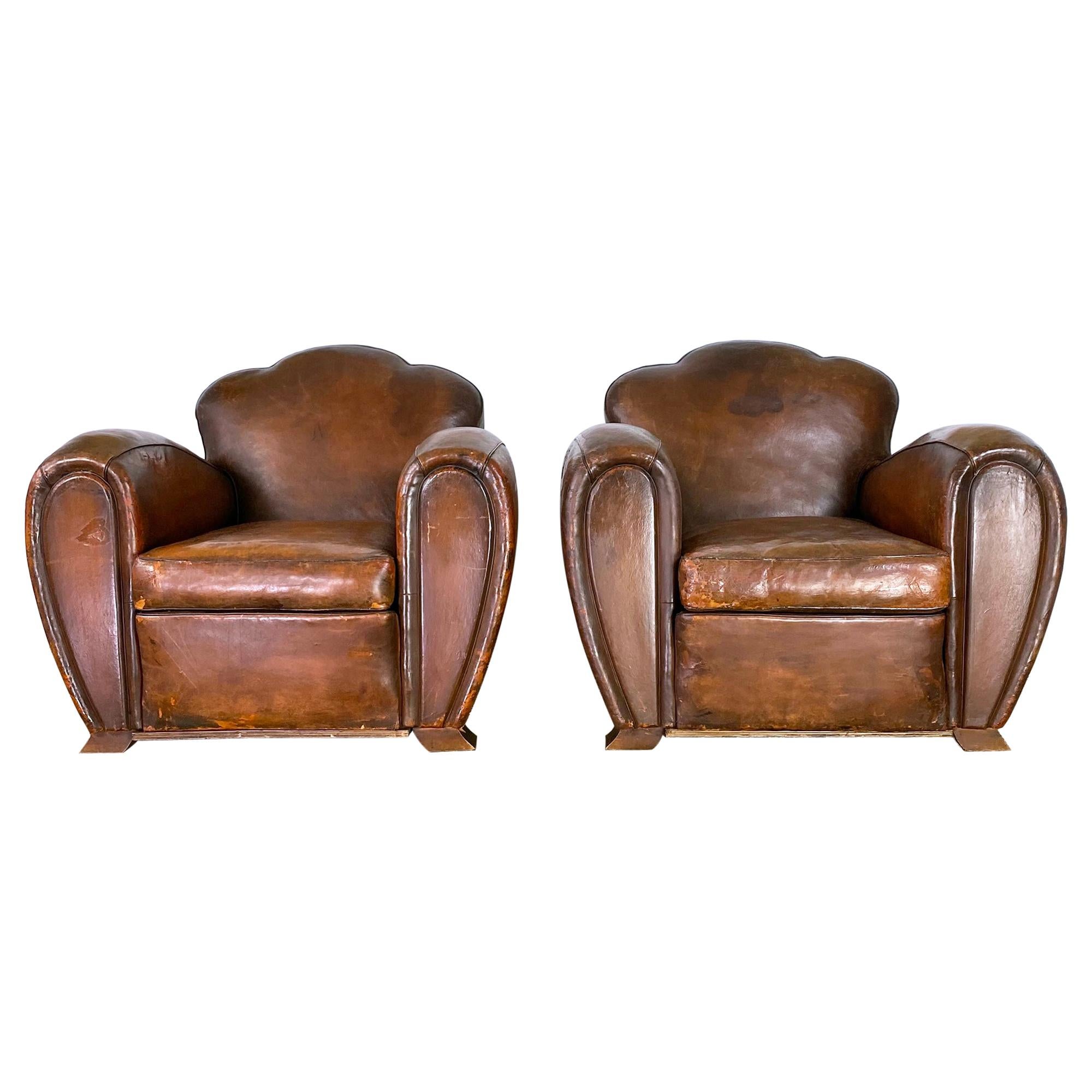 Pair of 1930s French Art Deco Club Chairs Camel Back