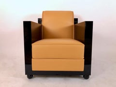 Pair of 1930s French Art Deco Club Chairs in Orange Leather and Black Lacquer