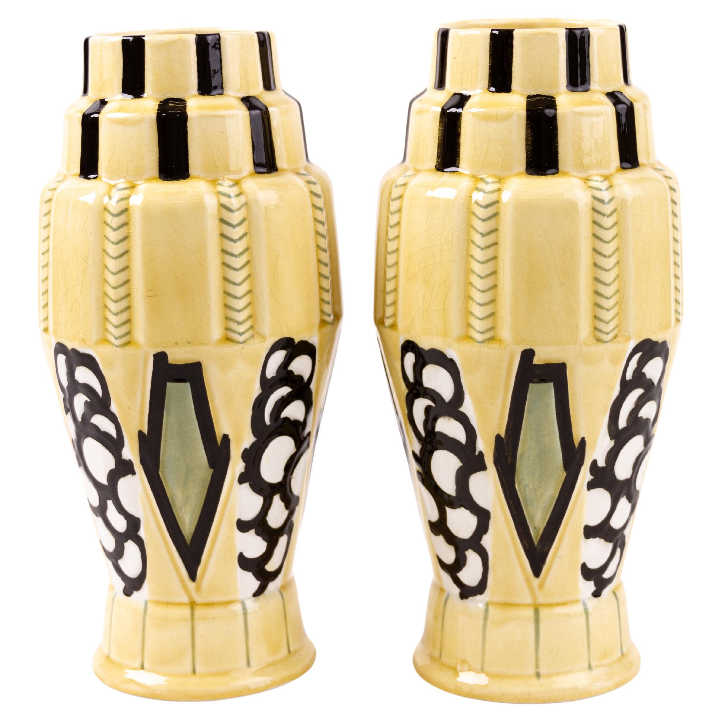 Pair of 1930s French Art Deco Faience Ceramic Vases by Orchies  For Sale