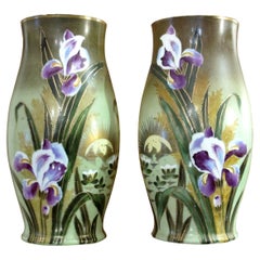 Coppia di vasi in vetro dipinti a mano in stile Art Déco francese degli anni '30 con iris