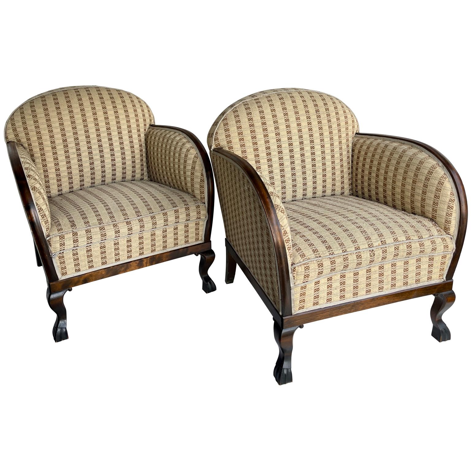 Hand-Carved Pair of 1930's French Art Deco Lounge Club Chairs