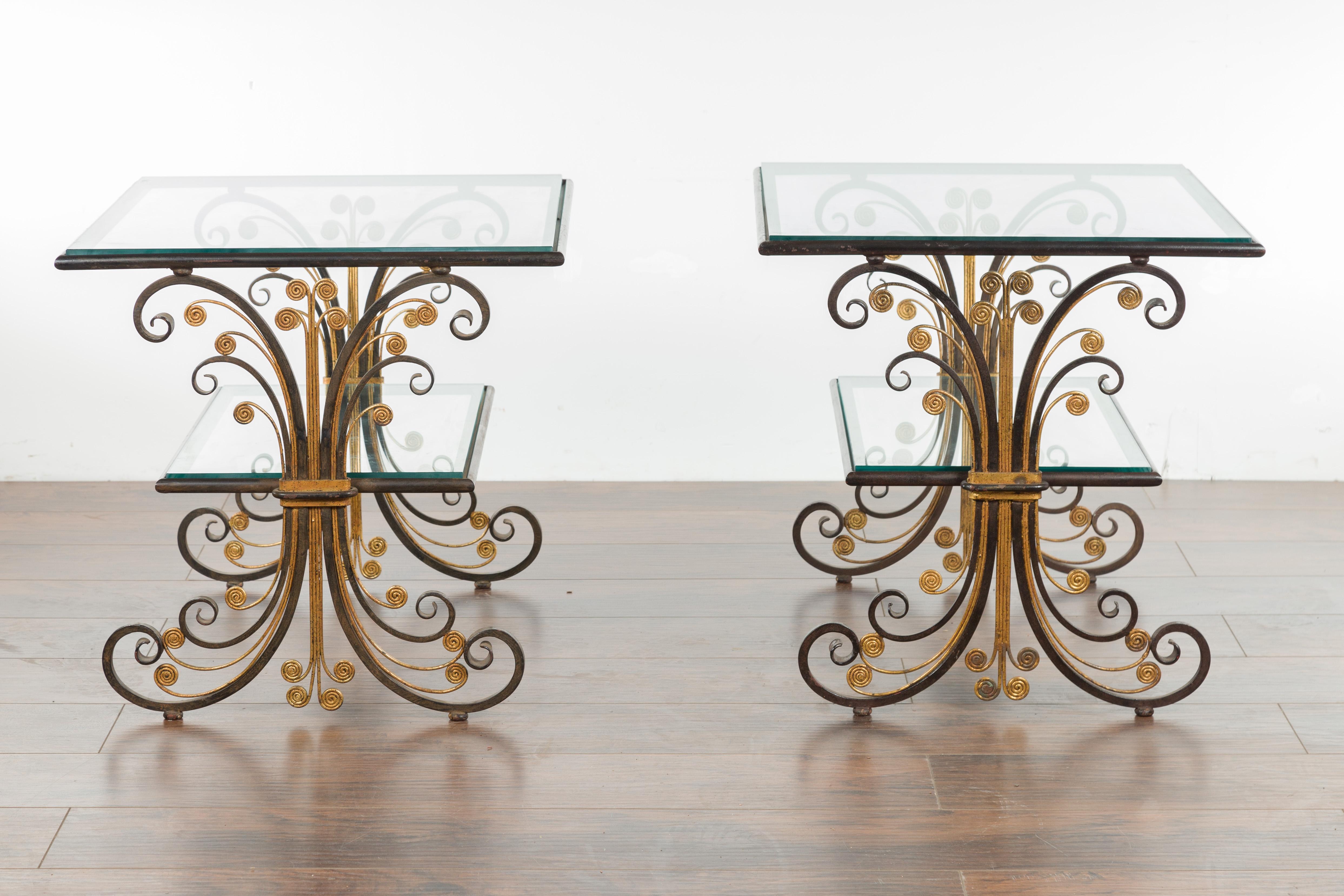 Pair of 1930s French Art Deco Period Iron and Brass Side Tables with Glass Tops 9