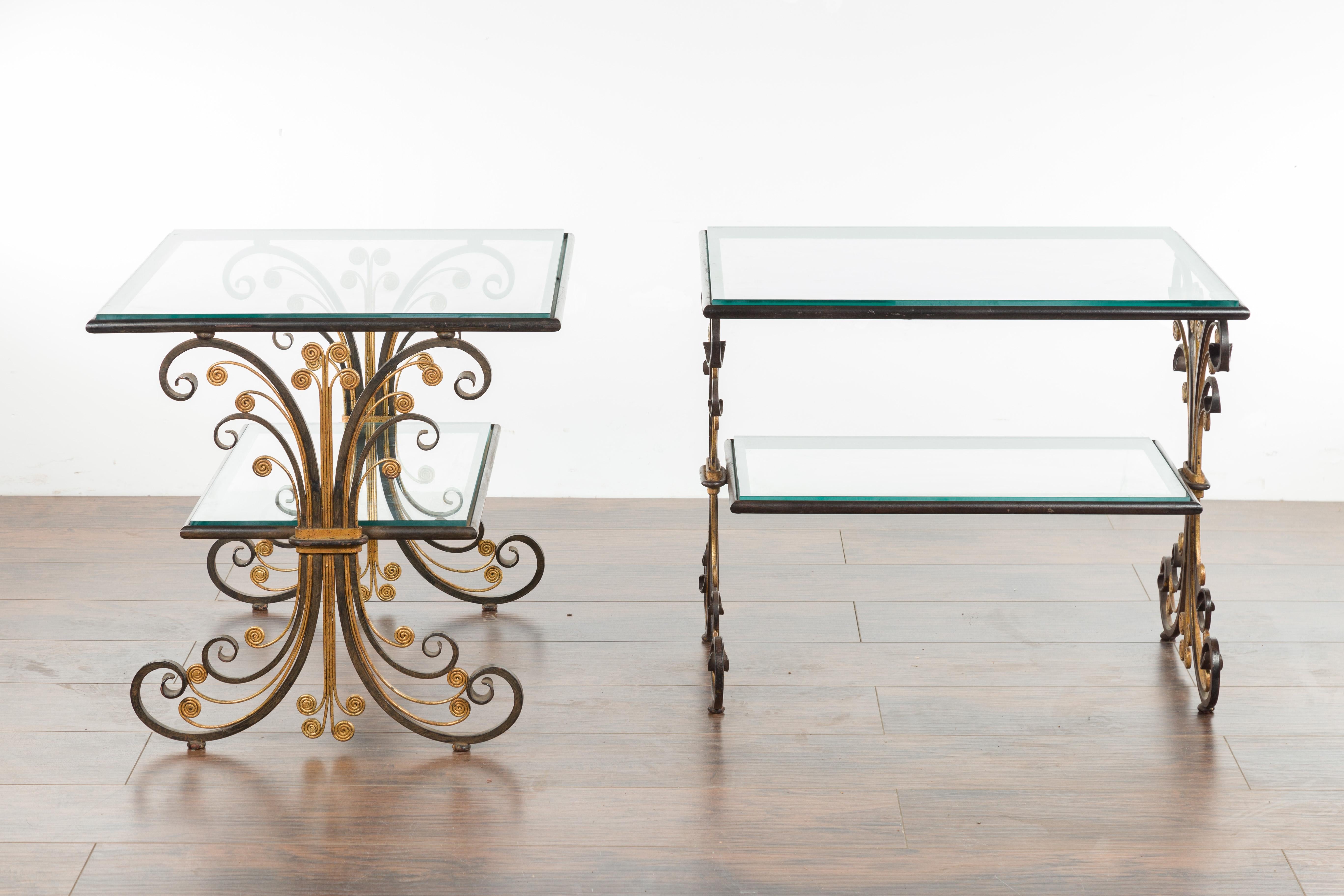 Pair of 1930s French Art Deco Period Iron and Brass Side Tables with Glass Tops 10