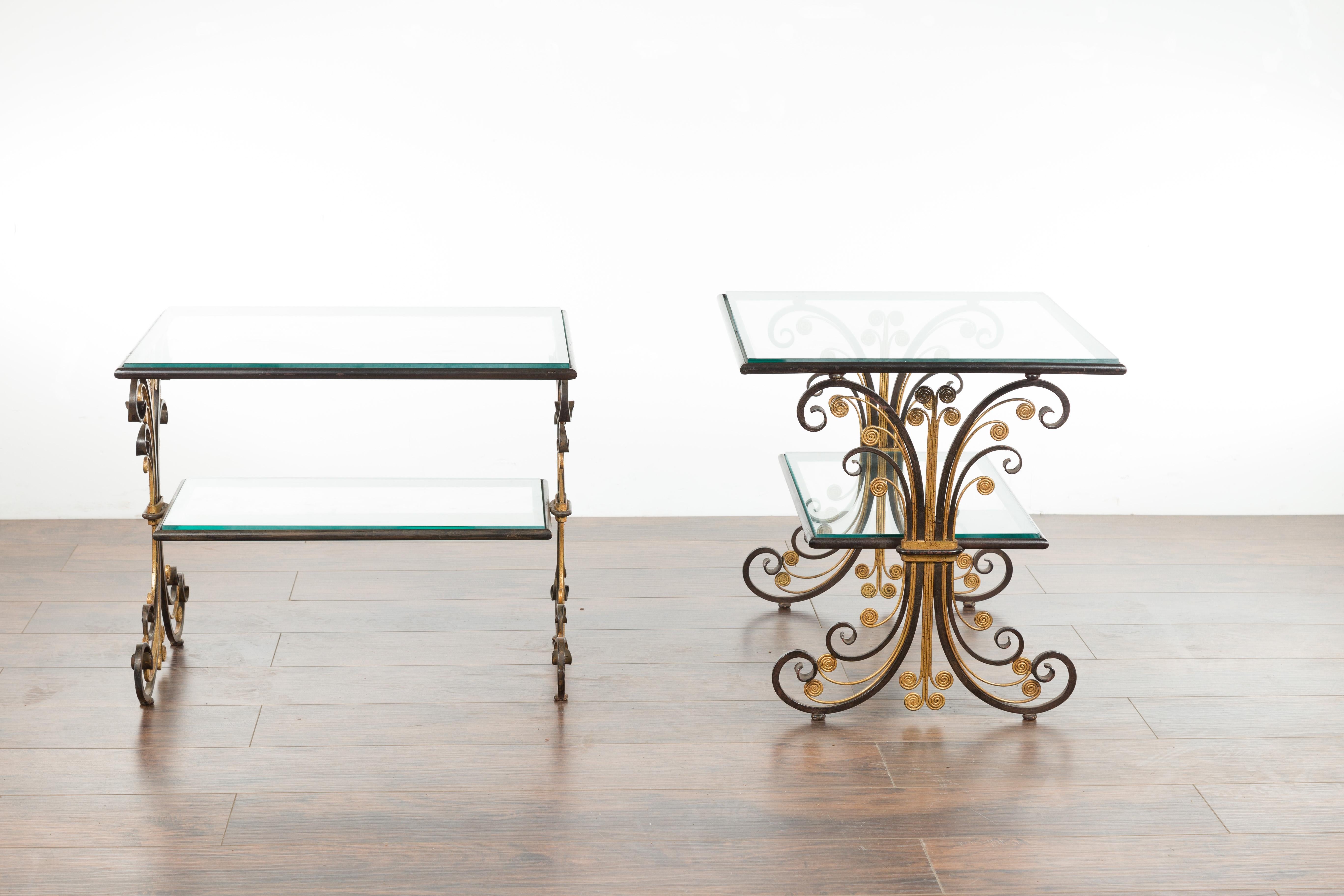 Pair of 1930s French Art Deco Period Iron and Brass Side Tables with Glass Tops 11