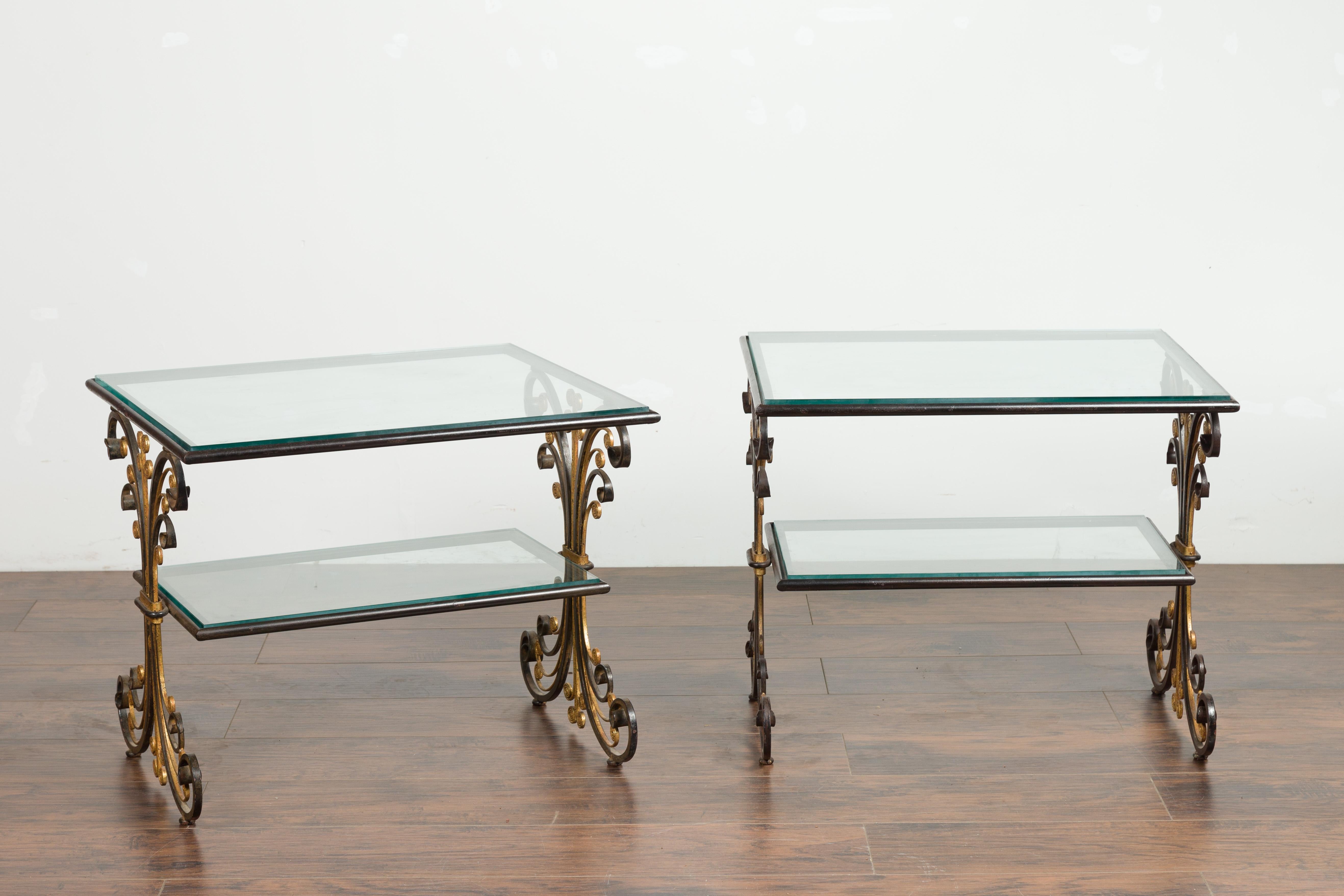 Pair of 1930s French Art Deco Period Iron and Brass Side Tables with Glass Tops In Good Condition In Atlanta, GA