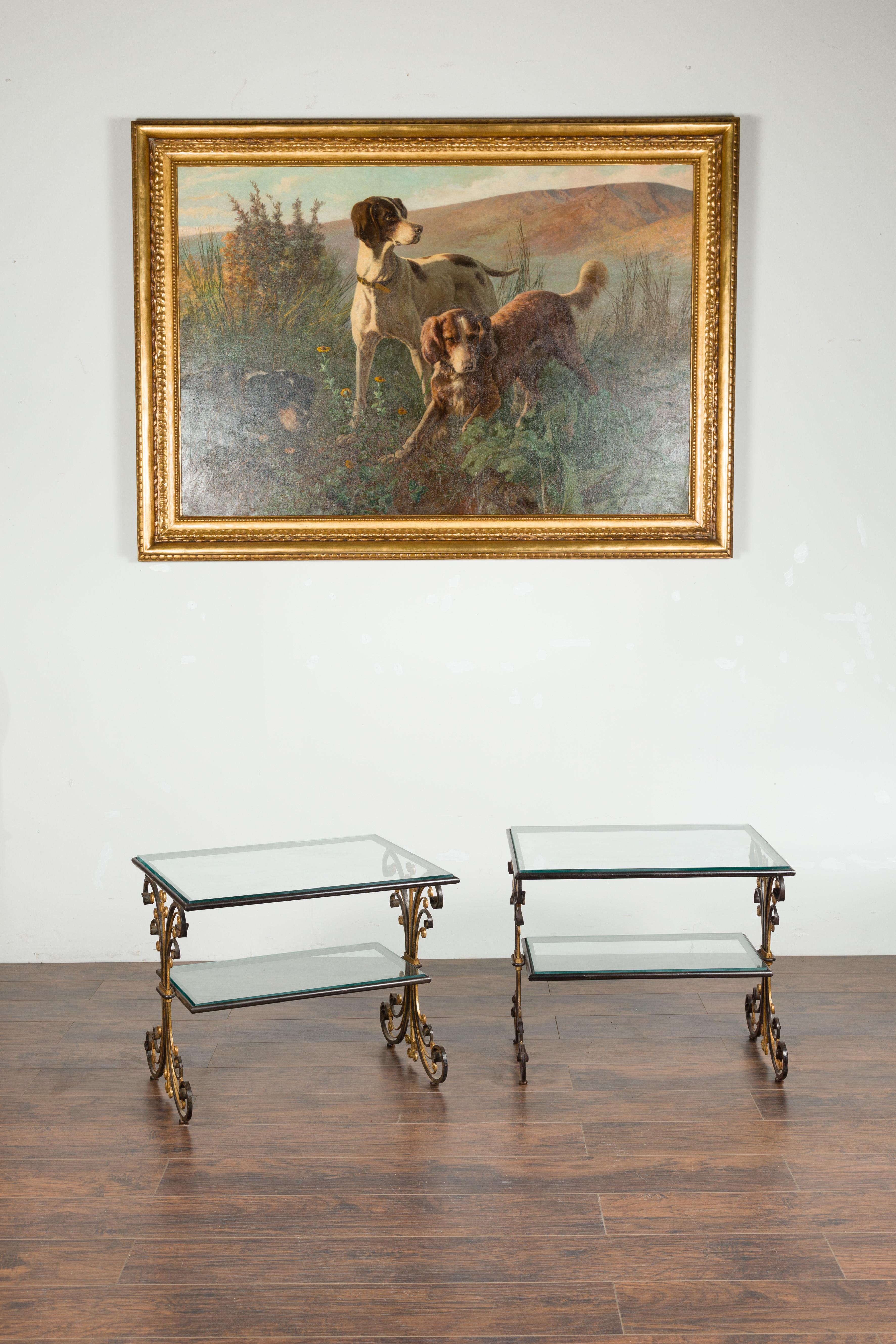 20th Century Pair of 1930s French Art Deco Period Iron and Brass Side Tables with Glass Tops