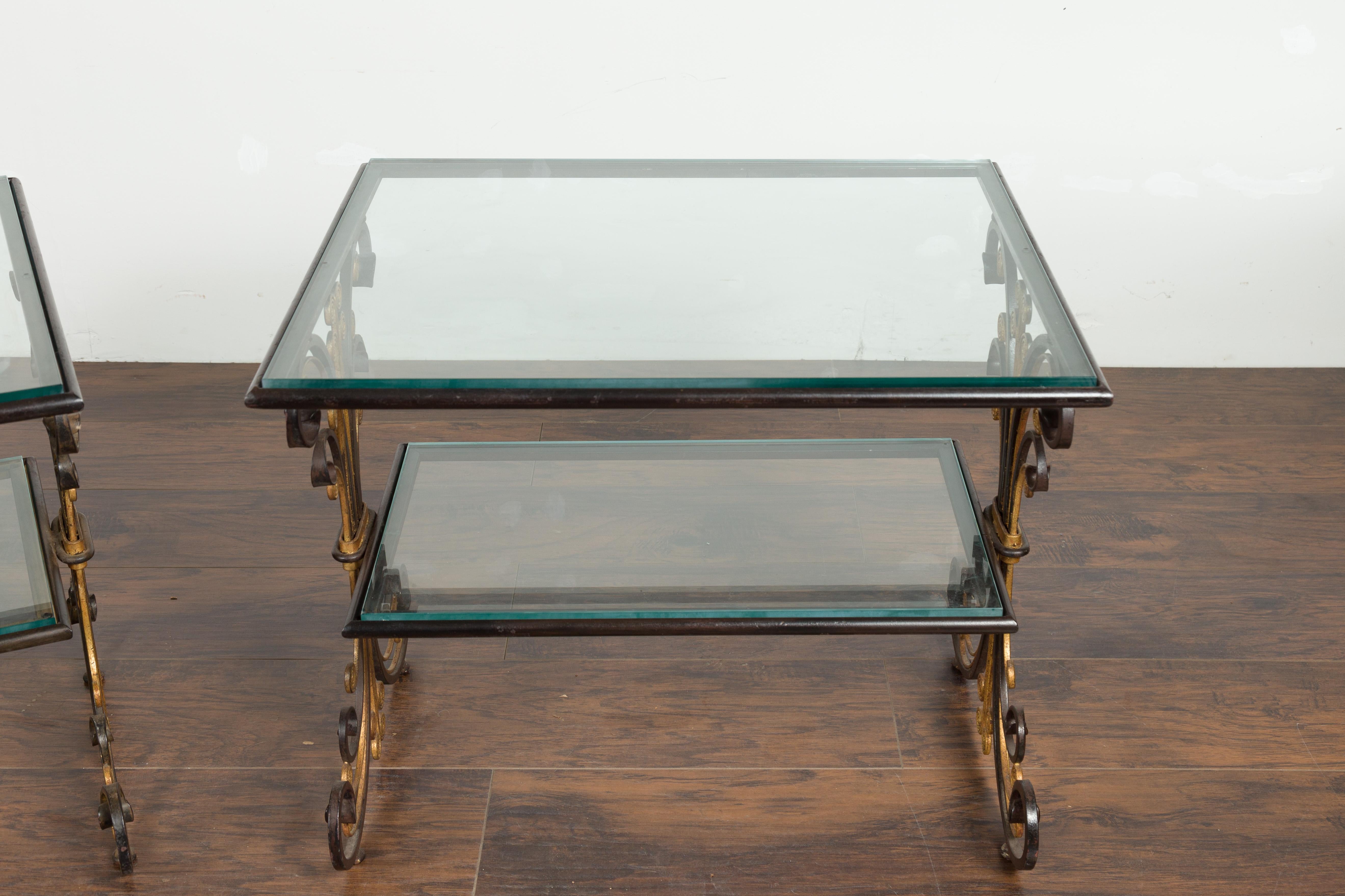 Pair of 1930s French Art Deco Period Iron and Brass Side Tables with Glass Tops 1