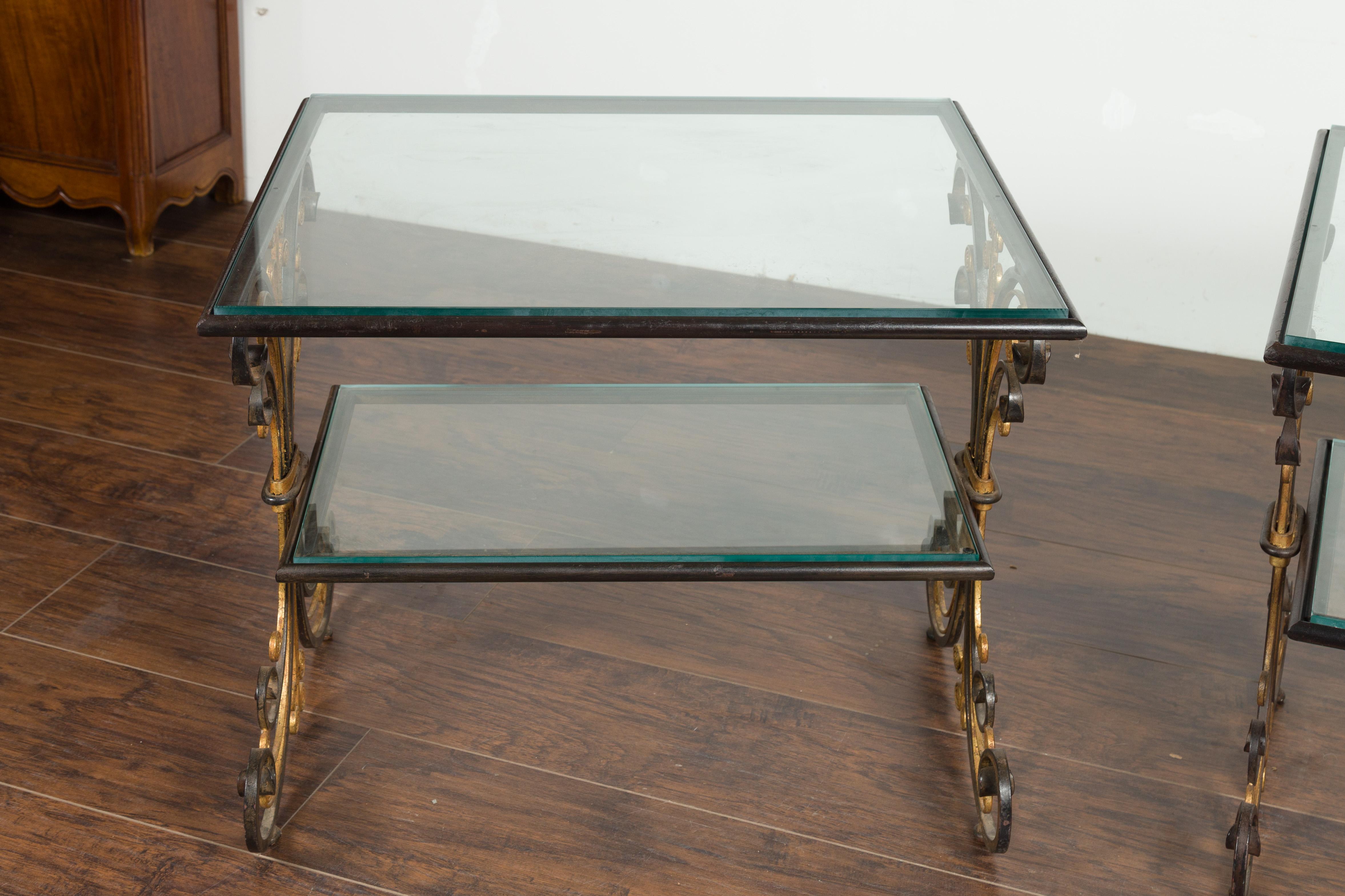 Pair of 1930s French Art Deco Period Iron and Brass Side Tables with Glass Tops 2