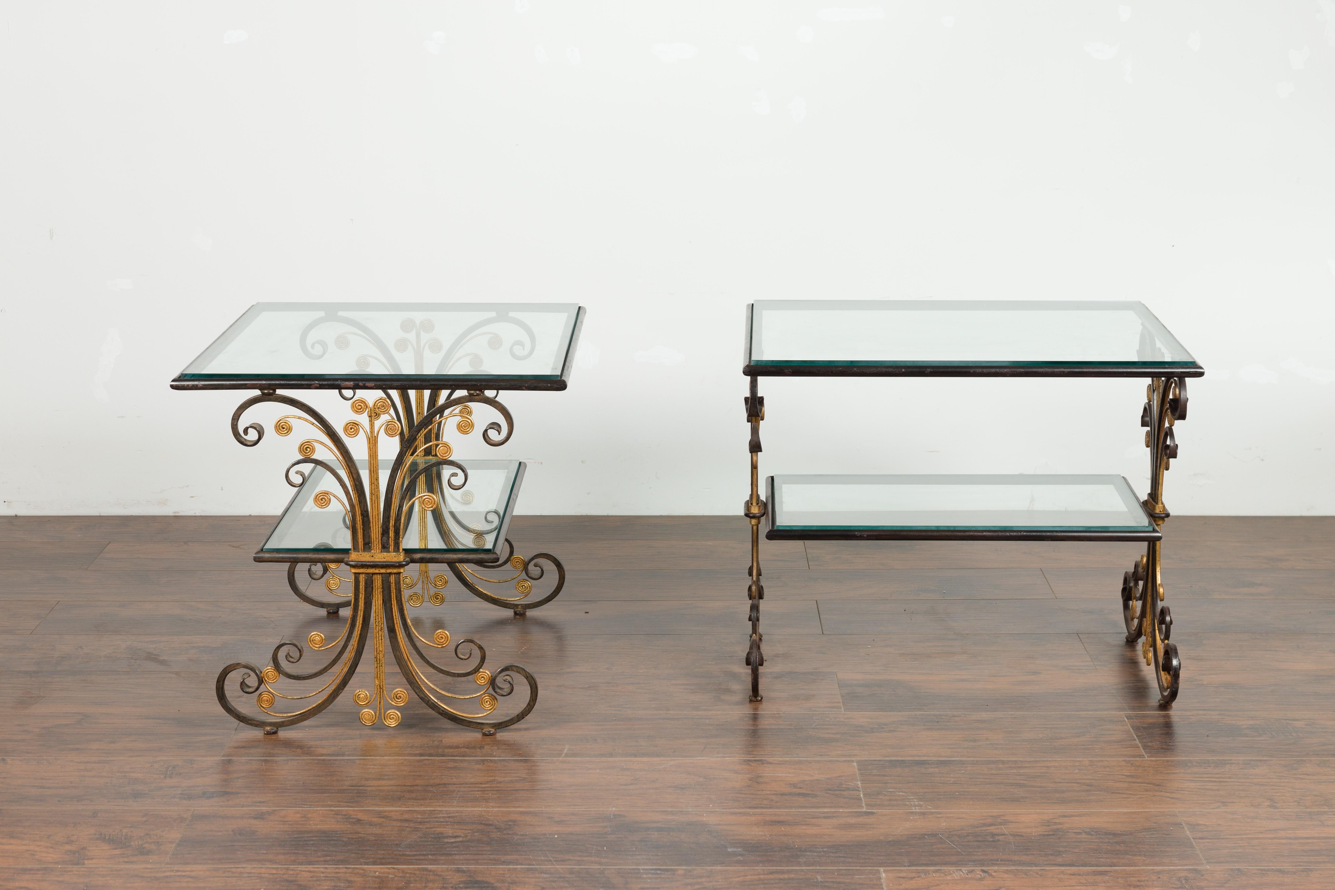 Pair of 1930s French Art Deco Period Iron and Brass Side Tables with Glass Tops 4