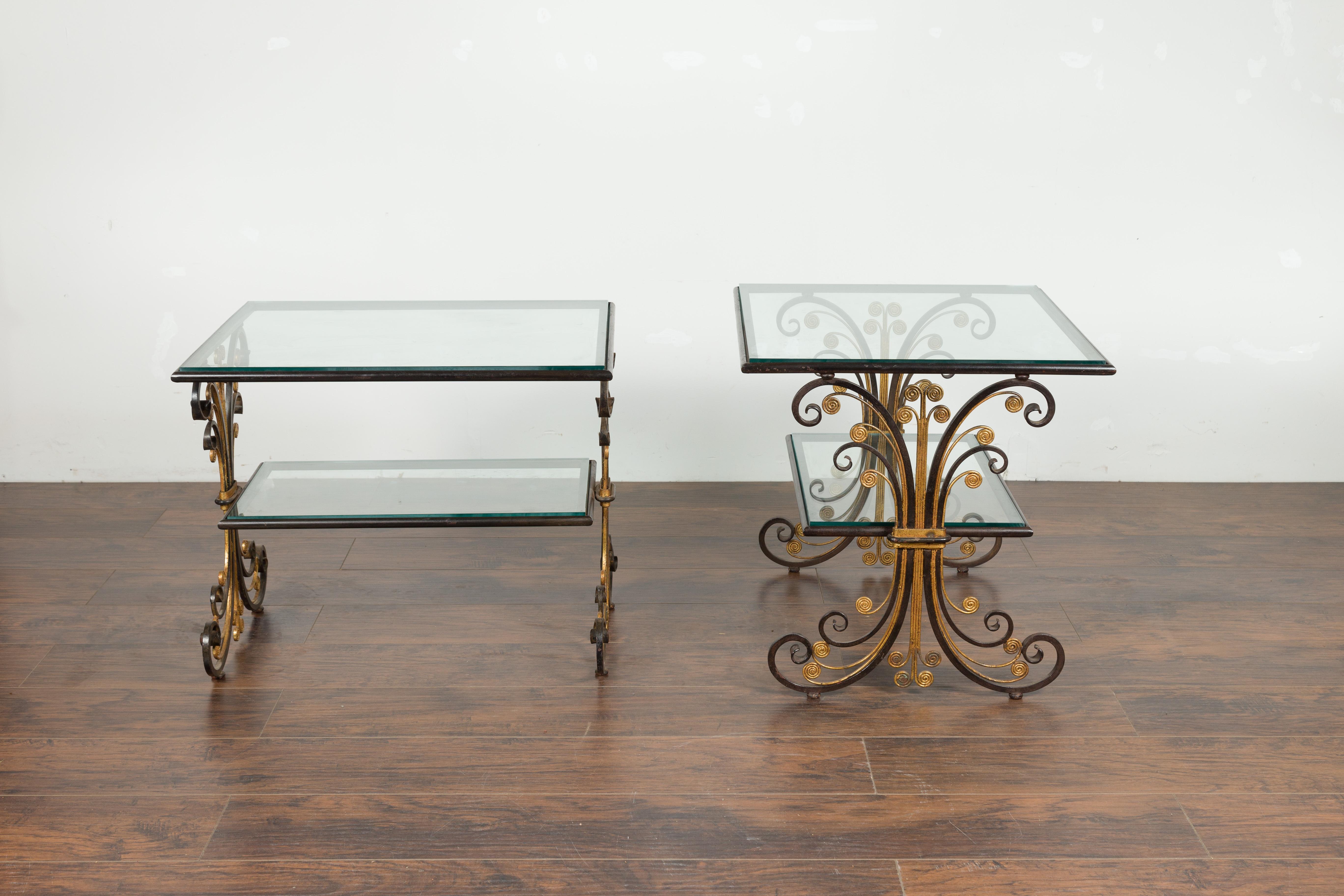 Pair of 1930s French Art Deco Period Iron and Brass Side Tables with Glass Tops 5
