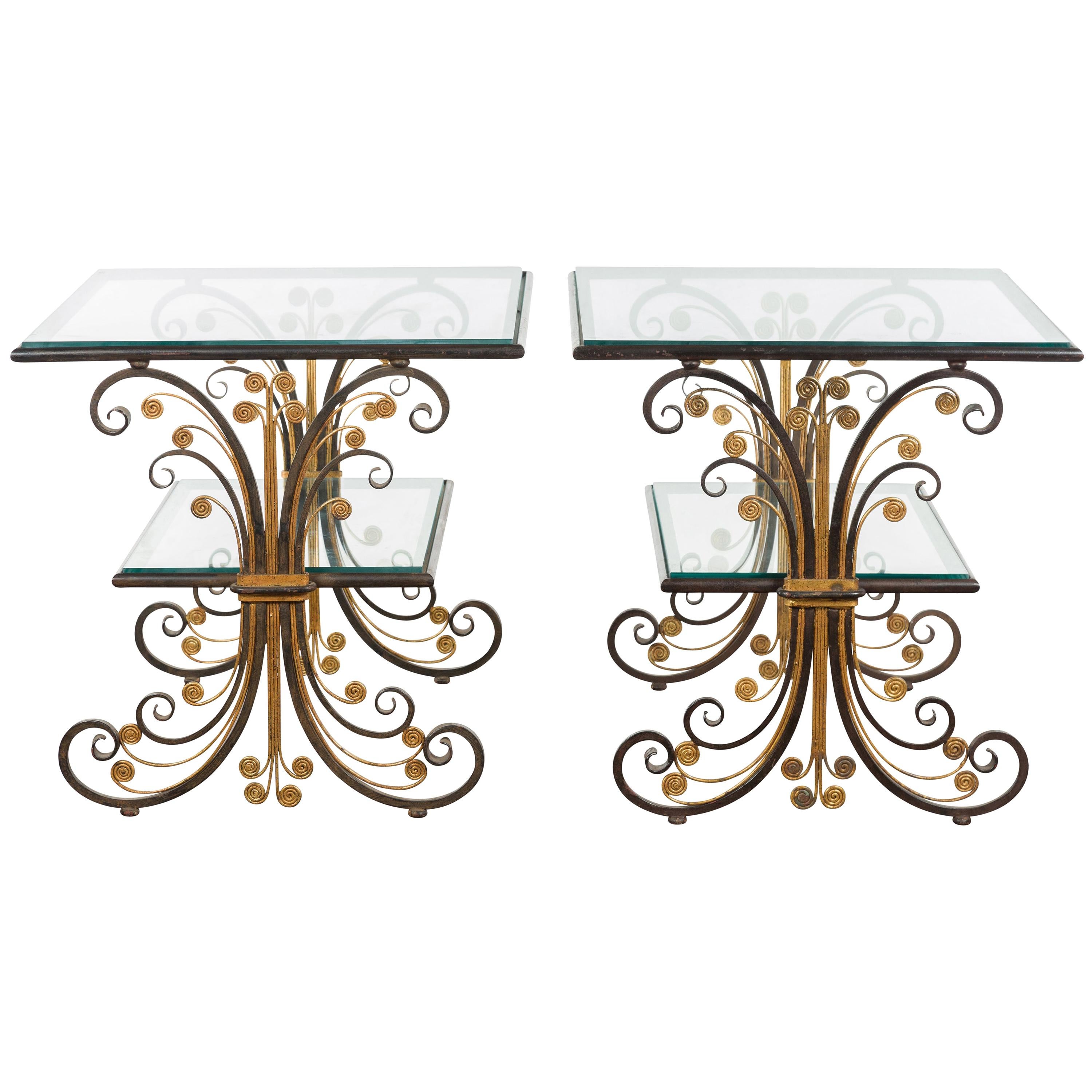 Pair of 1930s French Art Deco Period Iron and Brass Side Tables with Glass Tops