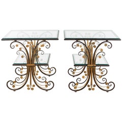 Pair of 1930s French Art Deco Period Iron and Brass Side Tables with Glass Tops