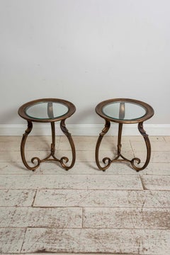 Pair of 1930s French Bronzed Scrolled Leg Side Tables with Glass Inserts