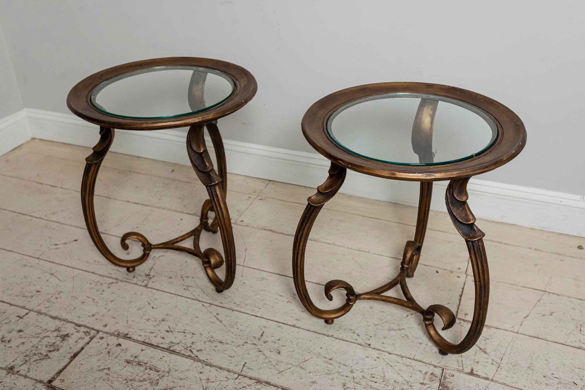 Art Nouveau Pair of 1930s French Bronzed Scrolled Leg Side Tables with Glass Inserts
