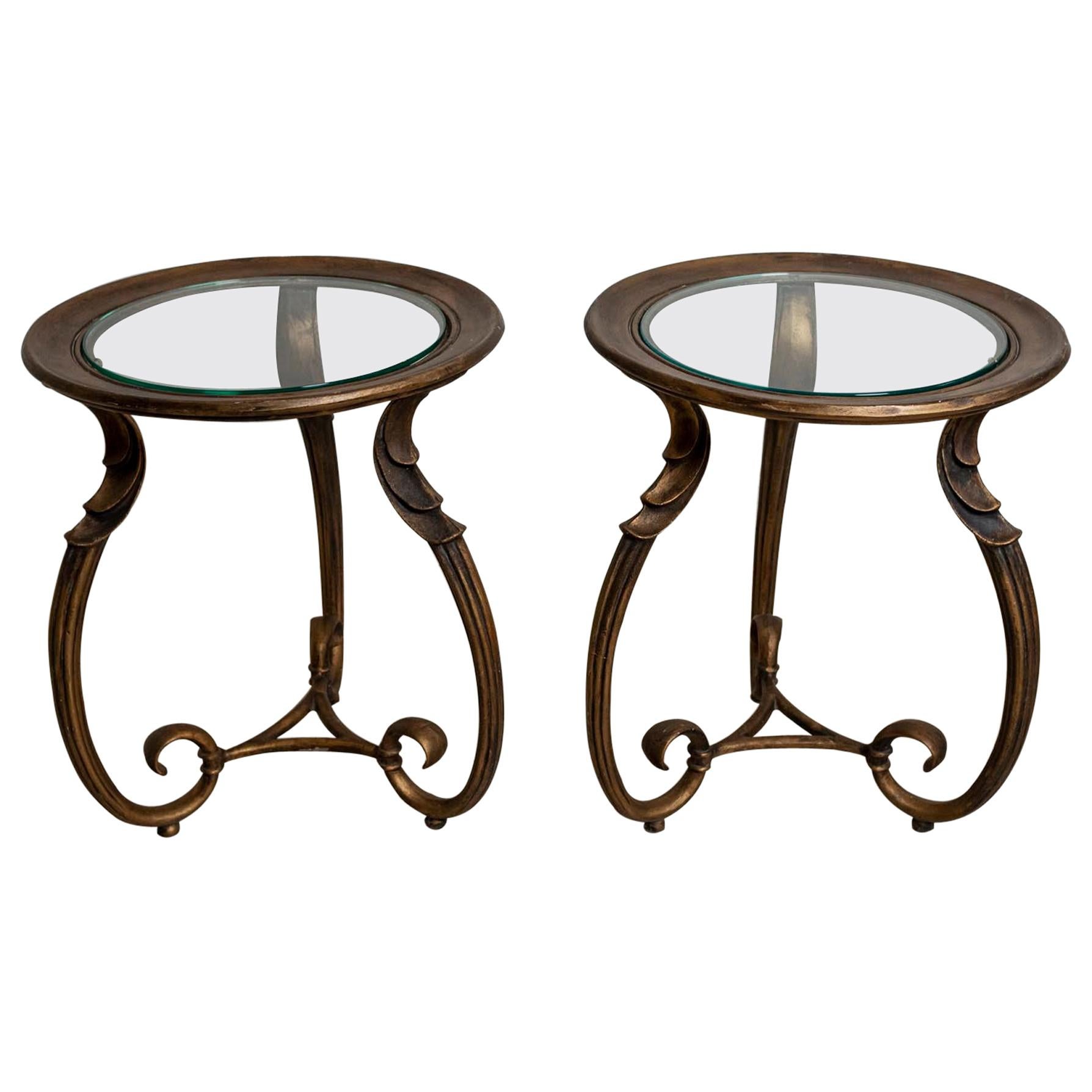 Pair of 1930s French Bronzed Scrolled Leg Side Tables with Glass Inserts