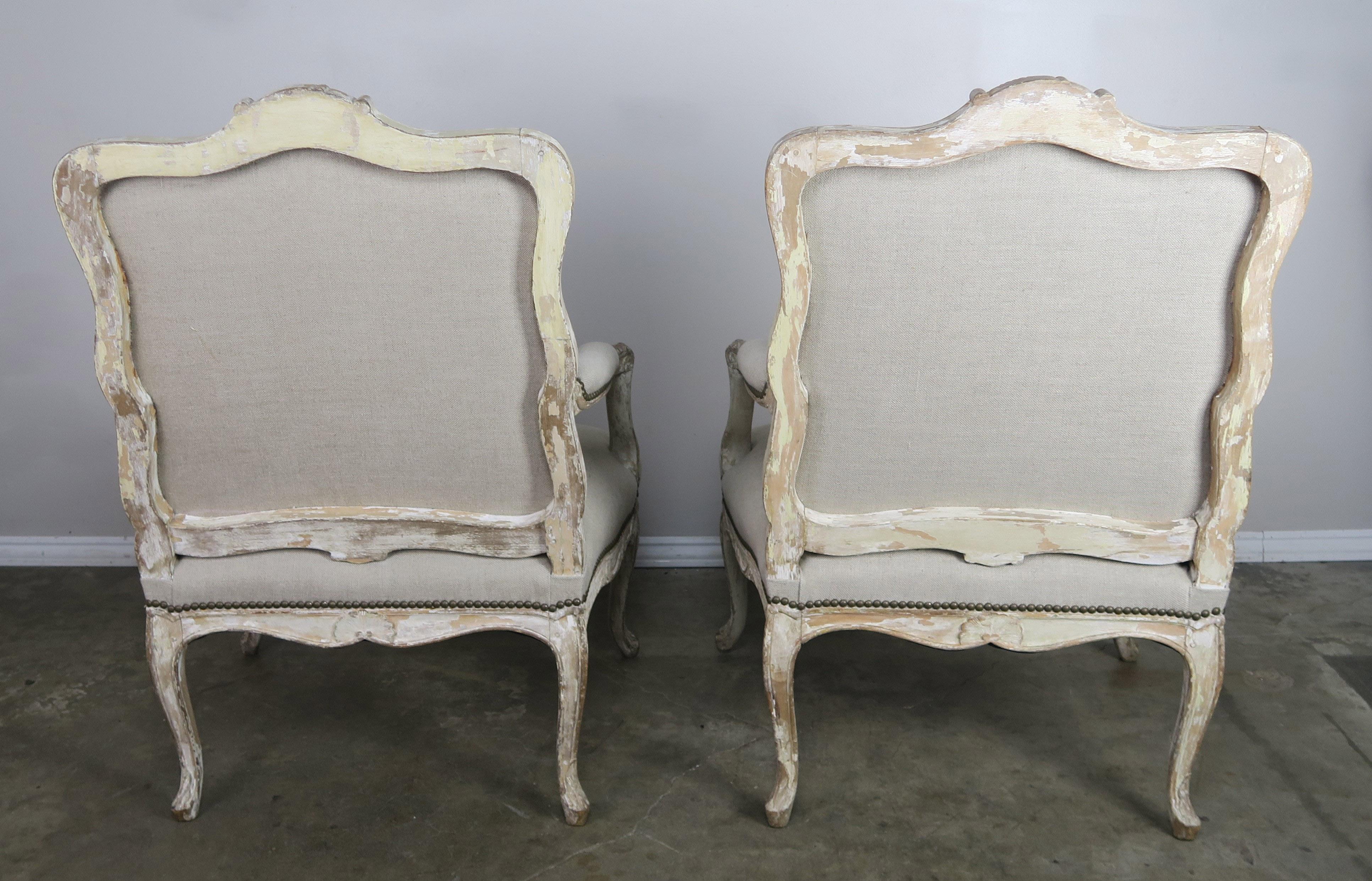 Pair of 1930s French Carved Painted Fauteils  7