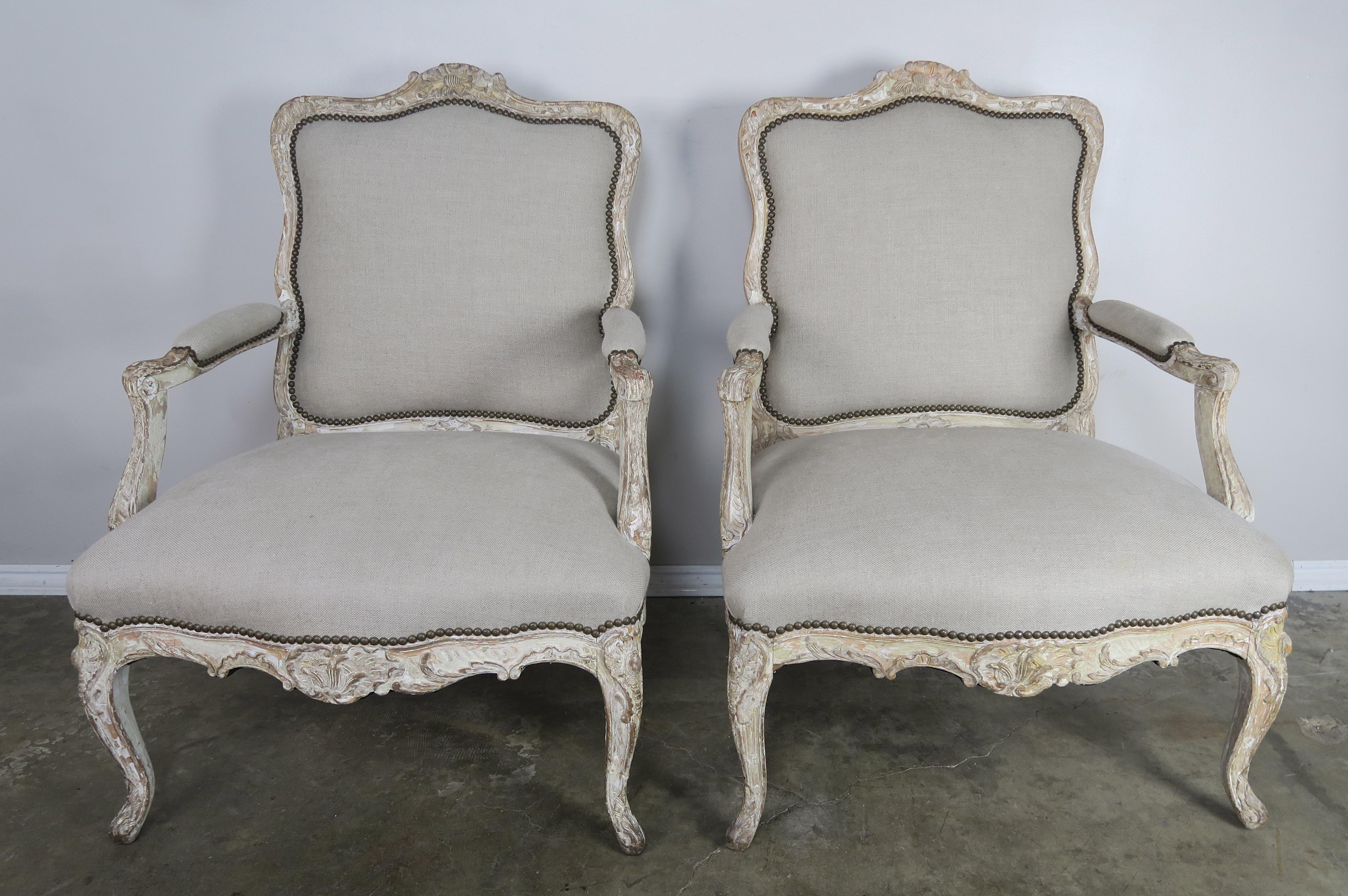 Louis XV Pair of 1930s French Carved Painted Fauteils 