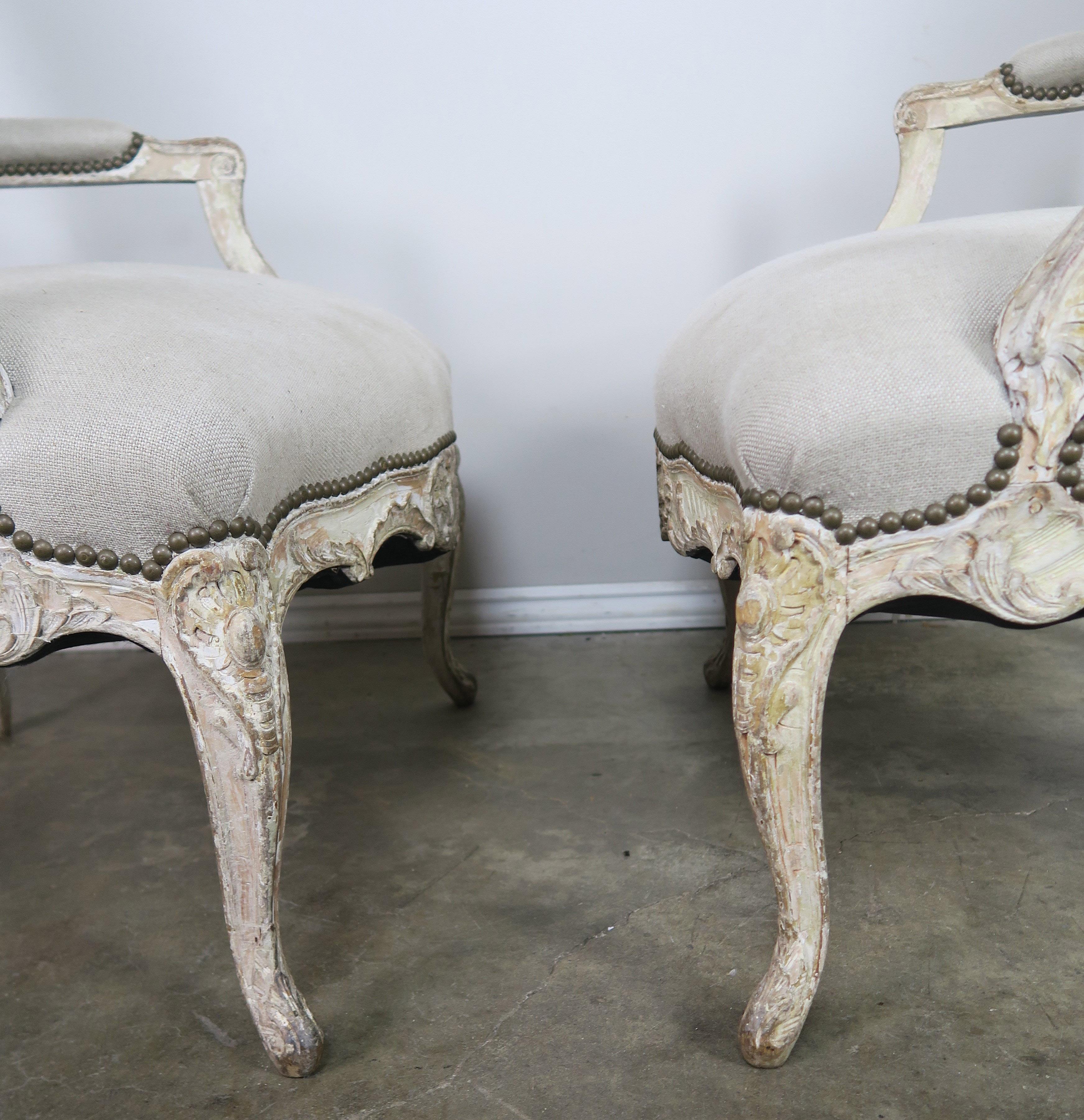 Linen Pair of 1930s French Carved Painted Fauteils 