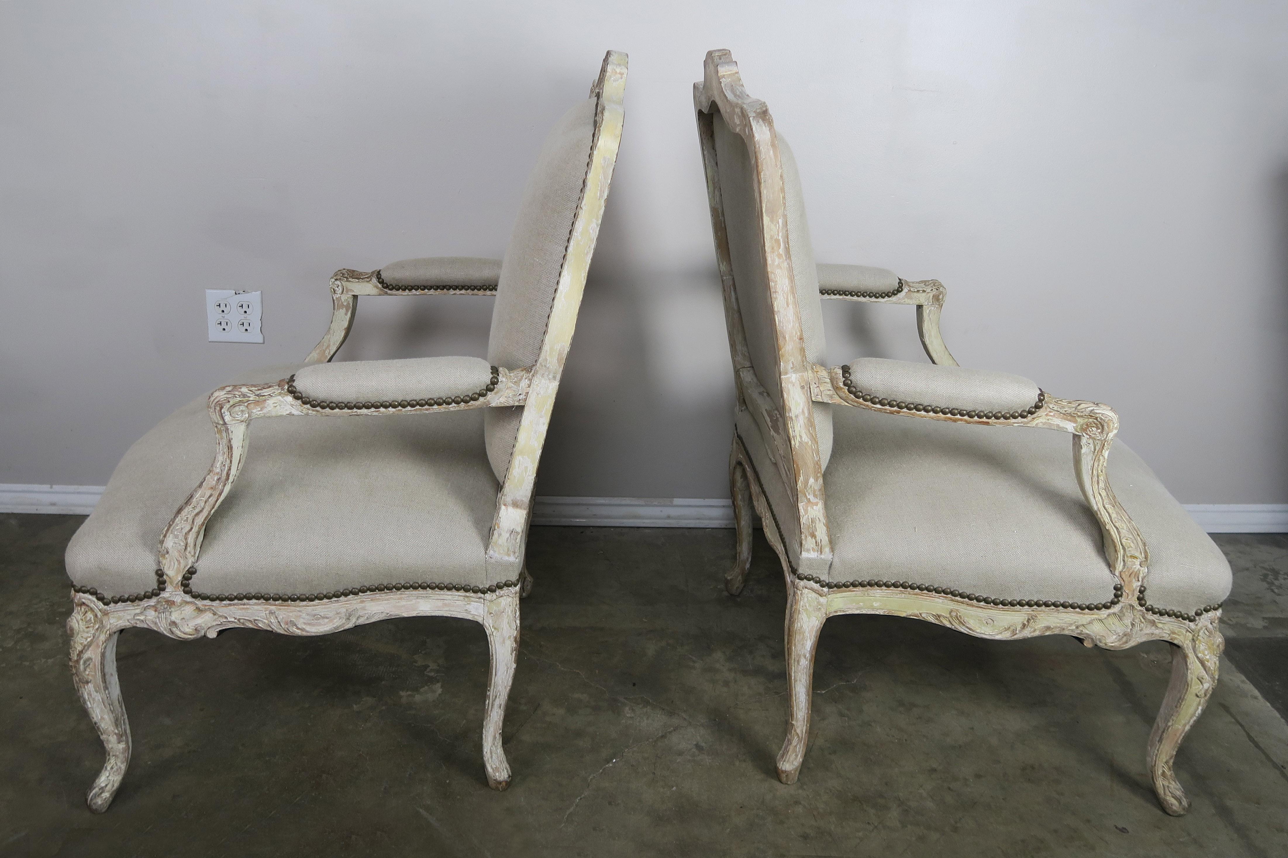 Pair of 1930s French Carved Painted Fauteils  3