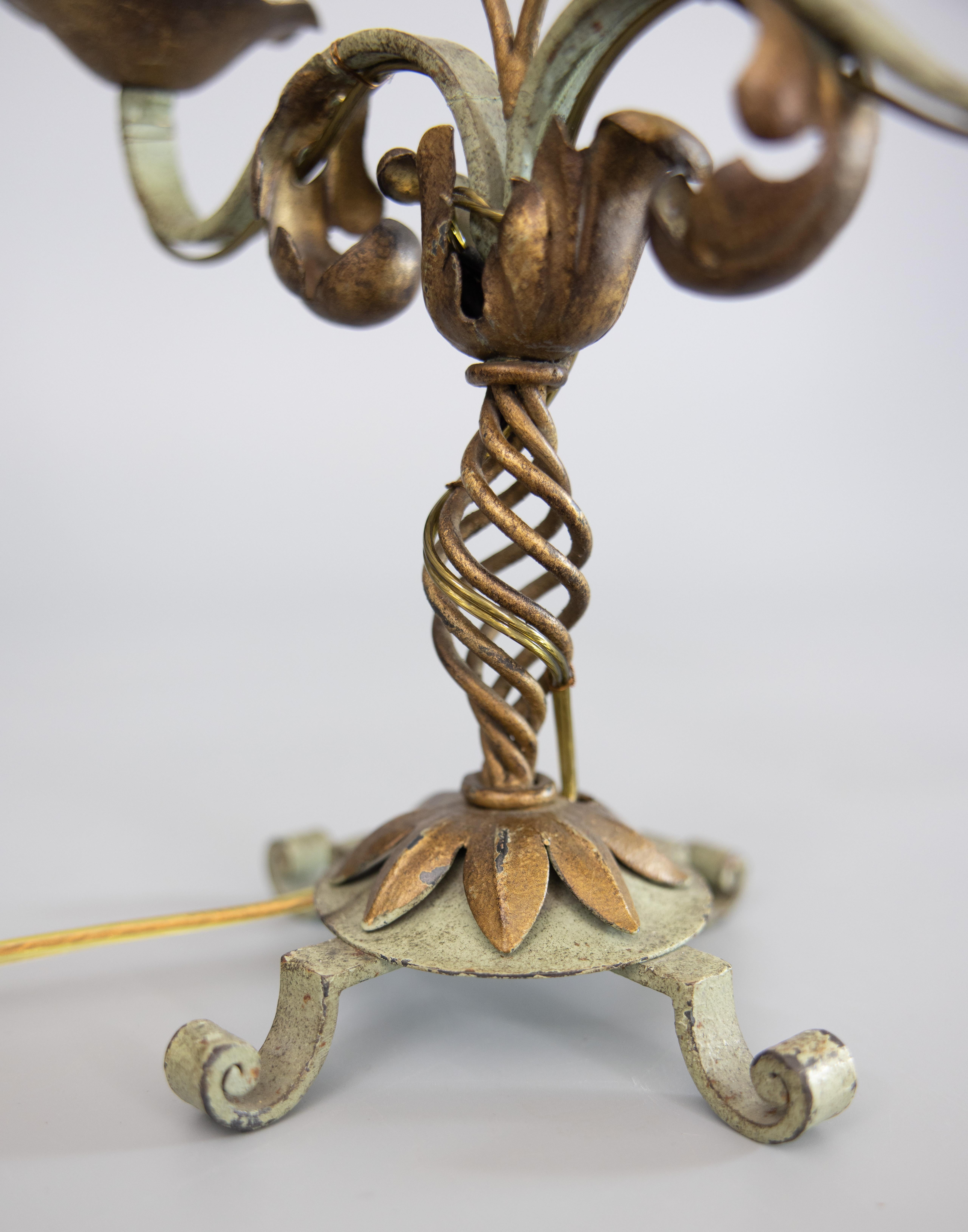 Pair of 1930s French Gilt Tole & Painted Iron Two Light Candelabras Table Lamps For Sale 6