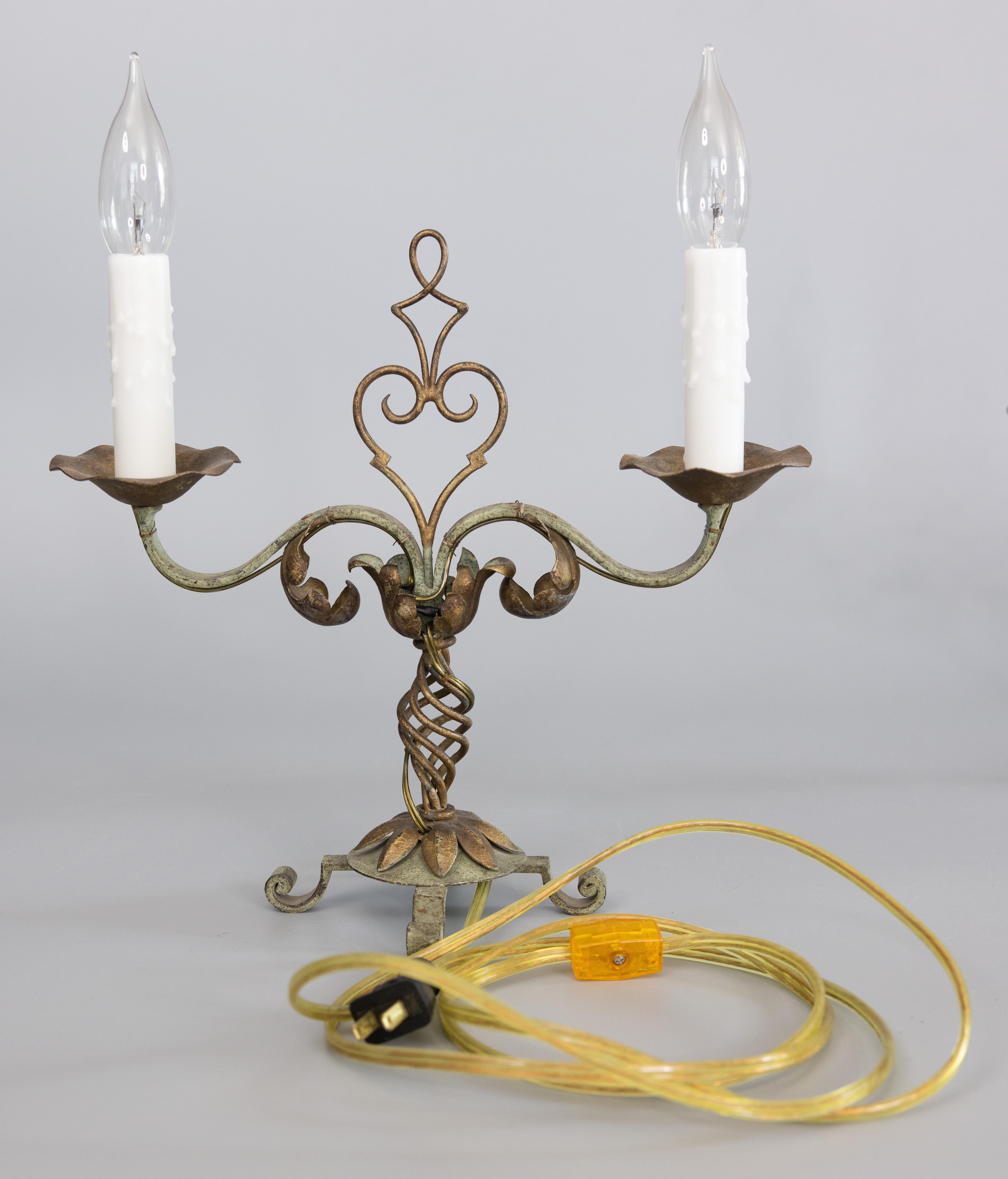 Pair of 1930s French Gilt Tole & Painted Iron Two Light Candelabras Table Lamps For Sale 7