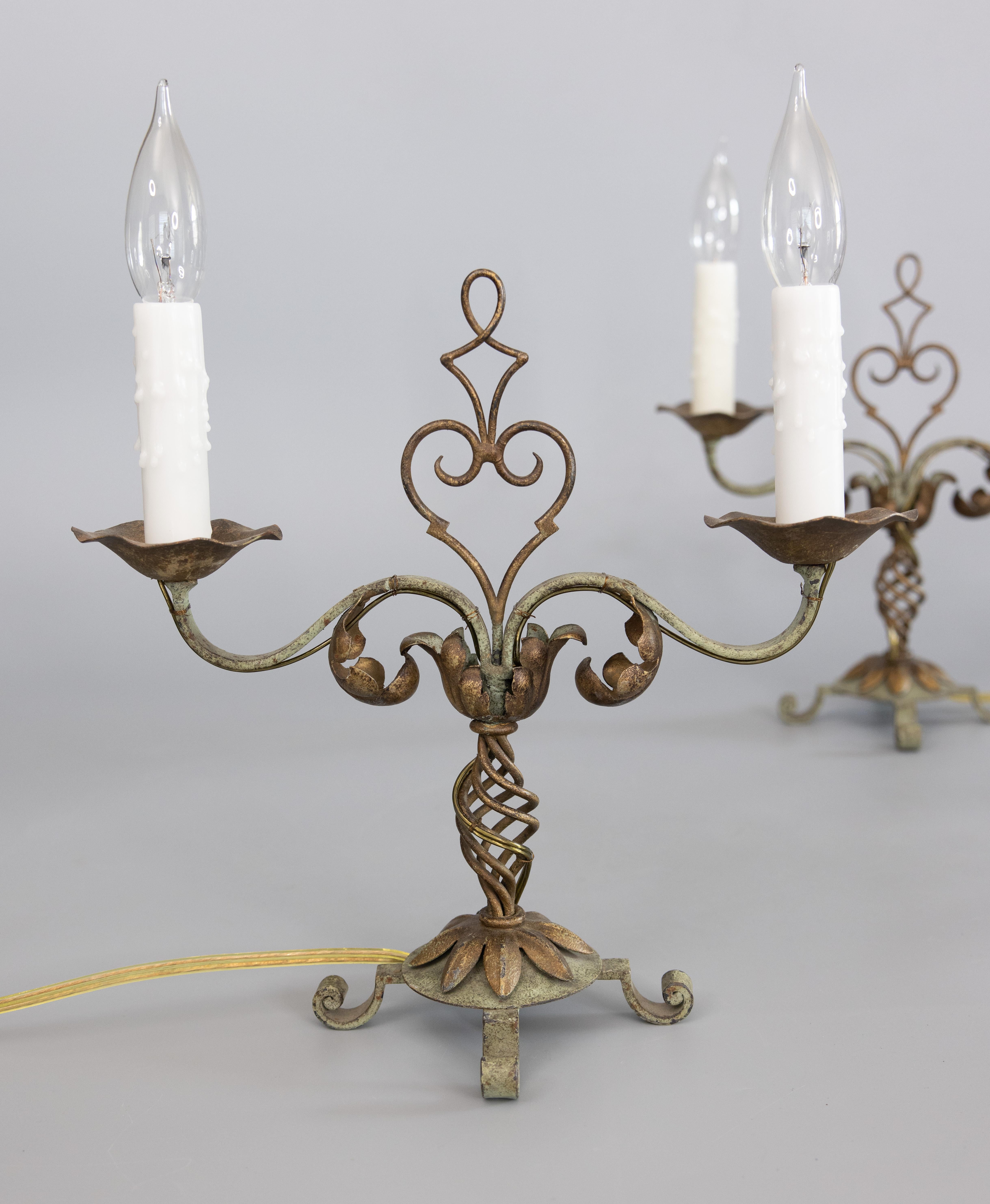 Pair of 1930s French Gilt Tole & Painted Iron Two Light Candelabras Table Lamps In Good Condition For Sale In Pearland, TX