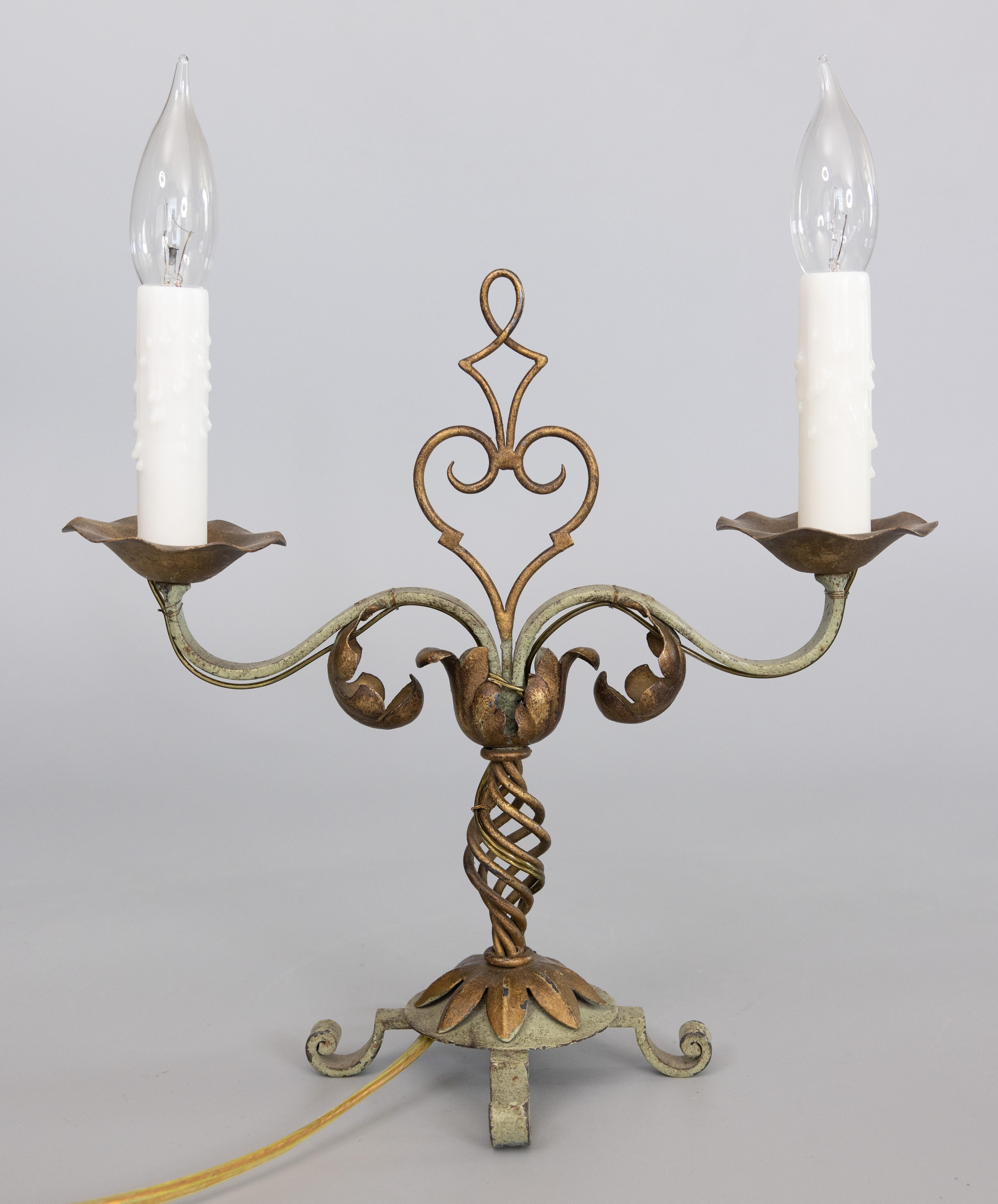 Mid-20th Century Pair of 1930s French Gilt Tole & Painted Iron Two Light Candelabras Table Lamps For Sale
