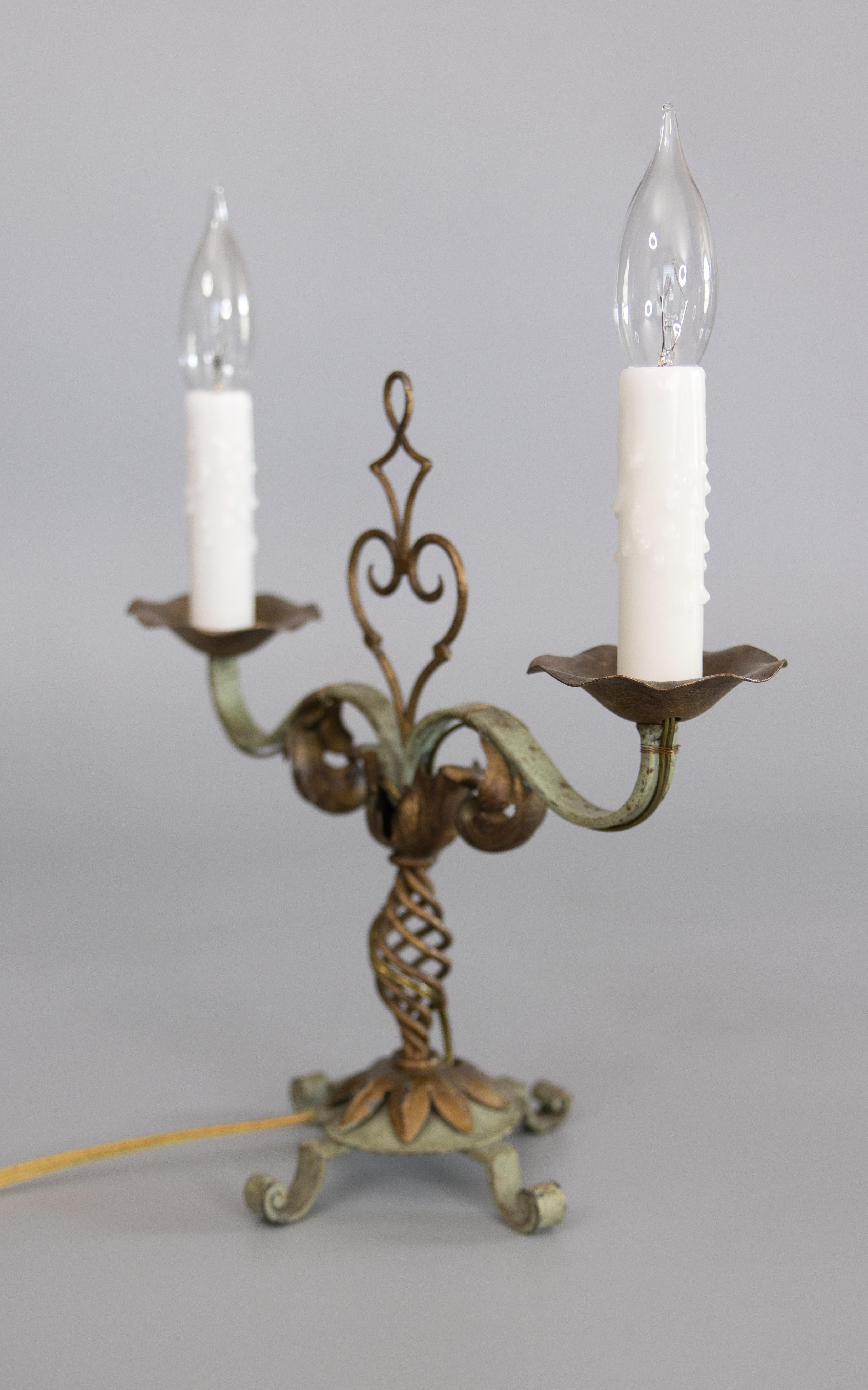 Pair of 1930s French Gilt Tole & Painted Iron Two Light Candelabras Table Lamps For Sale 1