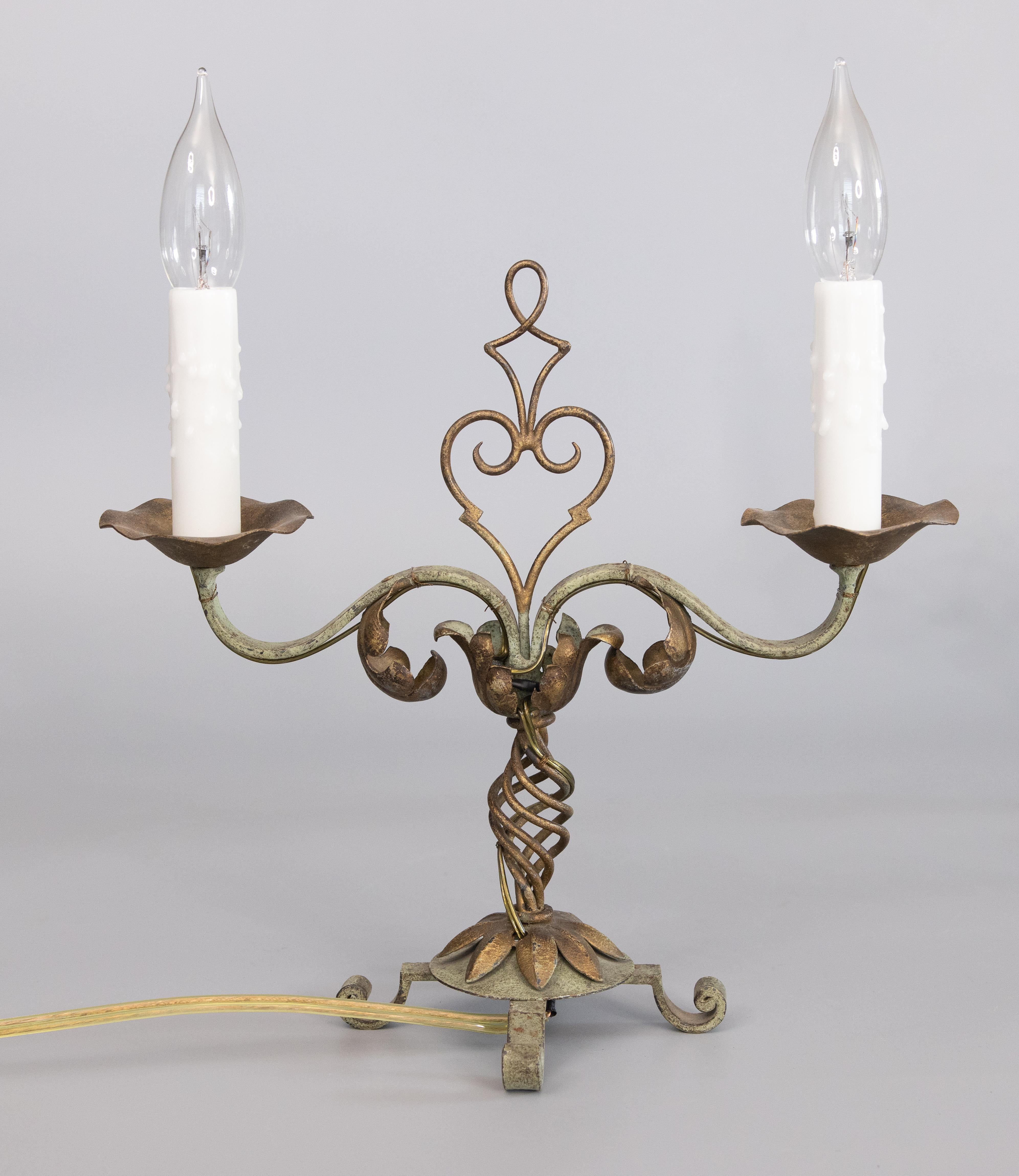 Pair of 1930s French Gilt Tole & Painted Iron Two Light Candelabras Table Lamps For Sale 3