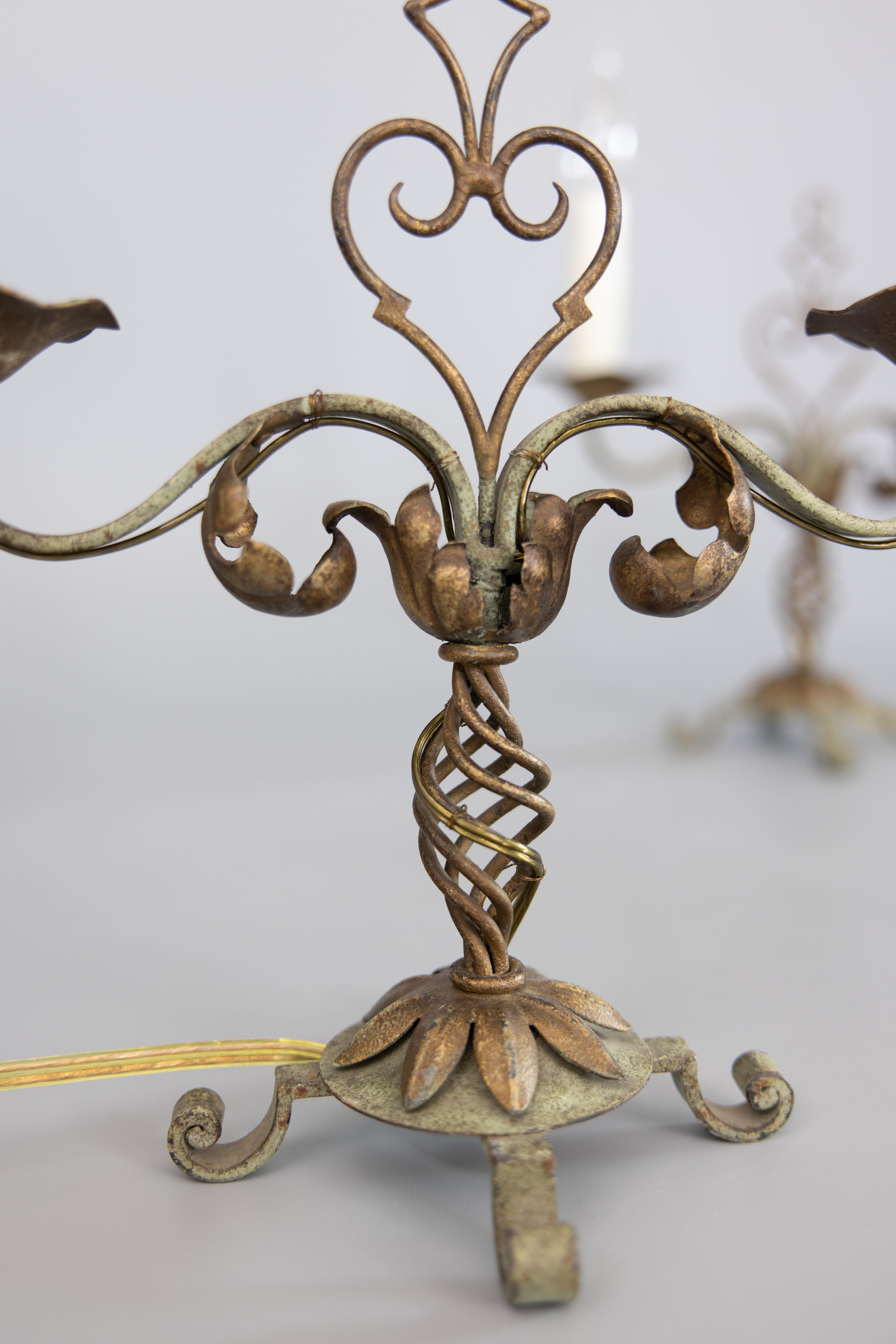Pair of 1930s French Gilt Tole & Painted Iron Two Light Candelabras Table Lamps For Sale 4