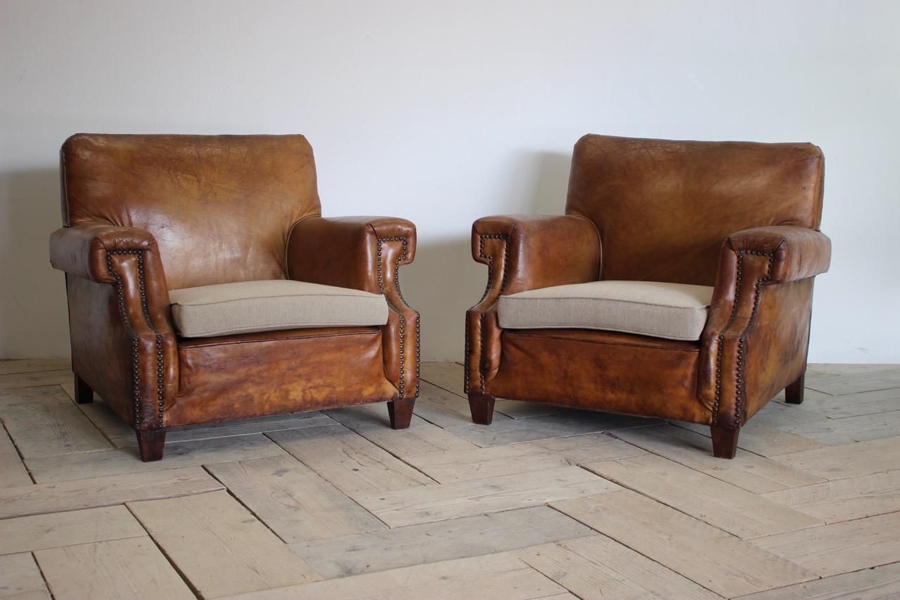 Mid-20th Century Pair of 1930s French Leather Armchairs