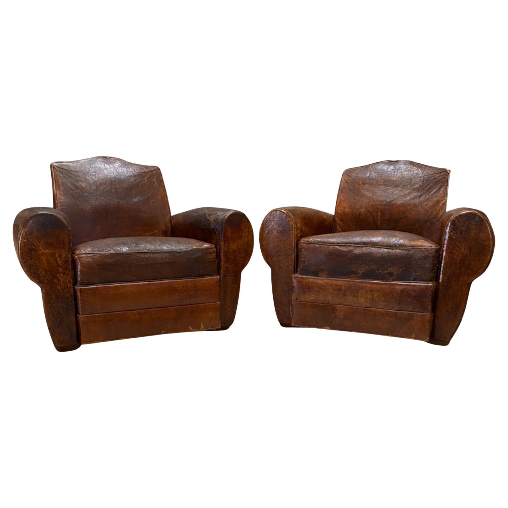 Pair of 1930's French Leather Club Chairs 